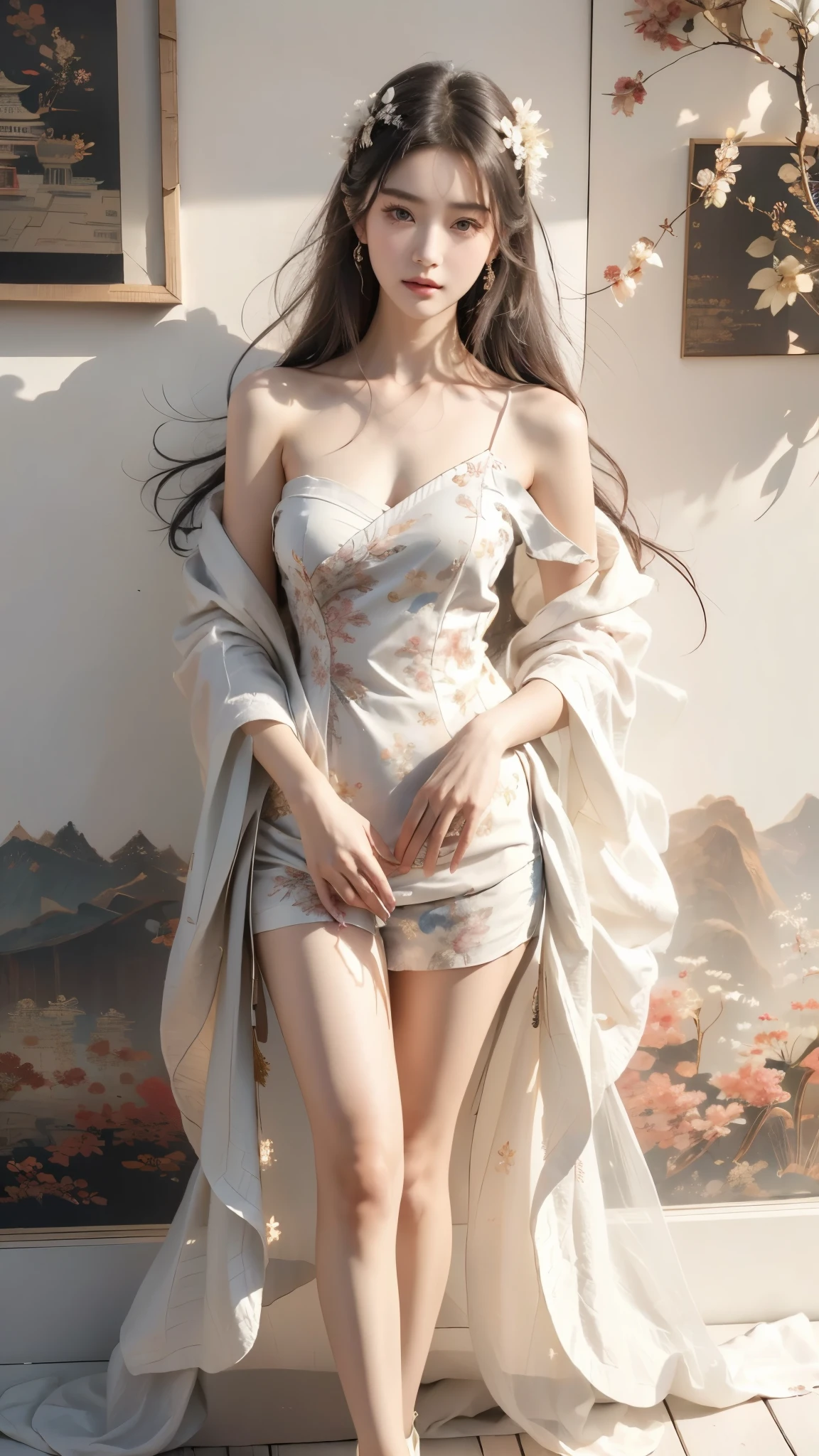 ((Bare shoulder)), ((knee shot)), ((Standing walking)), ((Elegant and charming posture)), ((Close shot)), shot of woman with flowers in hair, Portraits inspired by Du Qiong, CG trends, Reality, Gorgeous Chinese model, traditional beauty, Chinese girl, cgstation trends, Popular topics on cgstation, Chinese style, palace ， Cute and delicate face, beautiful girl, A beautiful young womanAnatomically correct