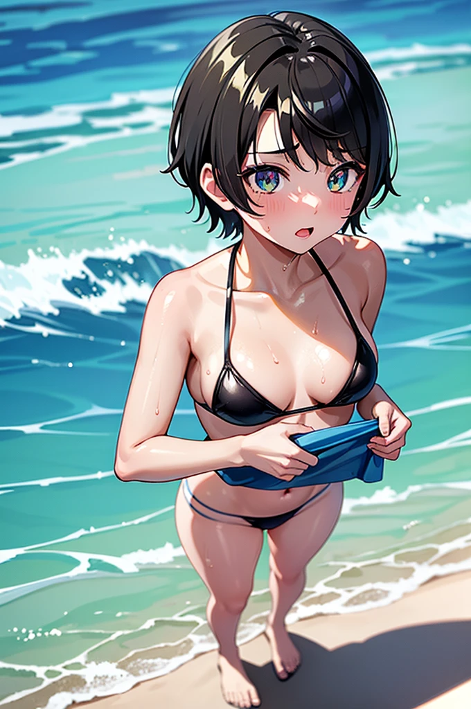 masterpiece, best quality, 4K, a girl, oozora subaru, shy, short hair, black hair, gradient eyes, with sparkling eyes, shiny skin, standing, full body shot, sports bikini,Splash, Sweating profusely, Dripping, Wet Skin