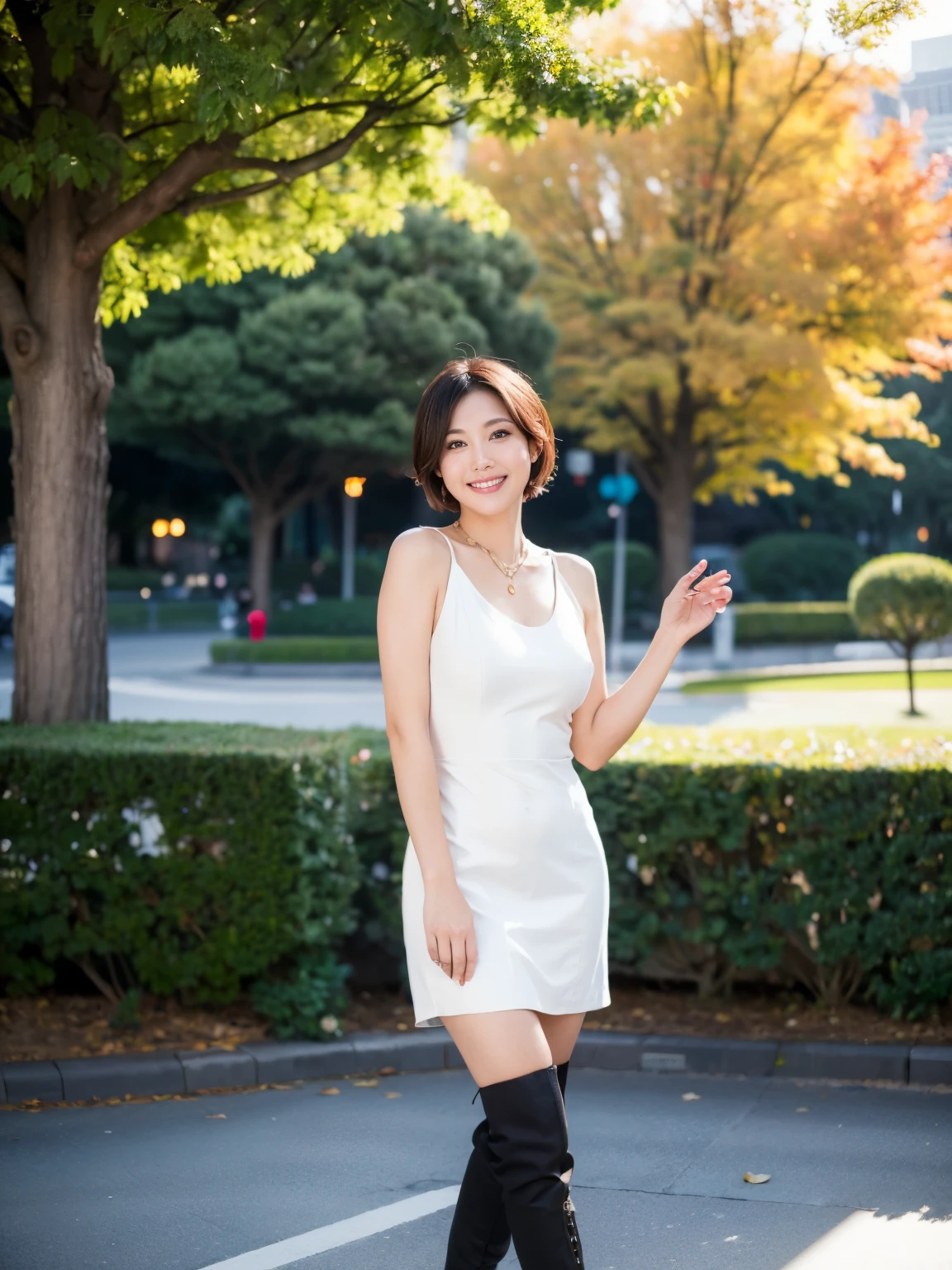 (RAW Photos:1.2), (Realistic:1.4),Beautiful detailed woman,非常にBeautiful Eyesと顔, Beautiful Eyes, Very detailed,High resolution, Very detailed,highest quality,Consciousness upward,Unified,8k wallpaper,masterpiece,highest quality,1 female,alone,rich,Whole Body Ezbian,(A little chubby:0.8),Thick legs,alone,(Golden Rubber Strap Dress,Knee-high boots、I have a business bag:1.4),jewelry, necklace ,short hair,A kind smile,A dignified atmosphere,black eye,Realistic,Hibiya Park , (Morning Park:1.1),(Stand upright:1.4),(go to work:1.2)