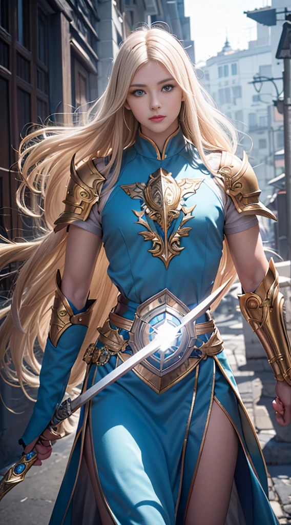 A majestic paladin in golden armor, Wield a sword filled with light, And with a huge golden shield. Paladin's blue eyes shine with determination as he walks through the dark and mysterious streets.. The glow of the Paladin's sword illuminated the surroundings., Uncover intricate details,Add a cinematic touch to your compositions. The overall aesthetics are、It captures the beauty and depth of the scene., Reminiscent of Fujifilm photography.