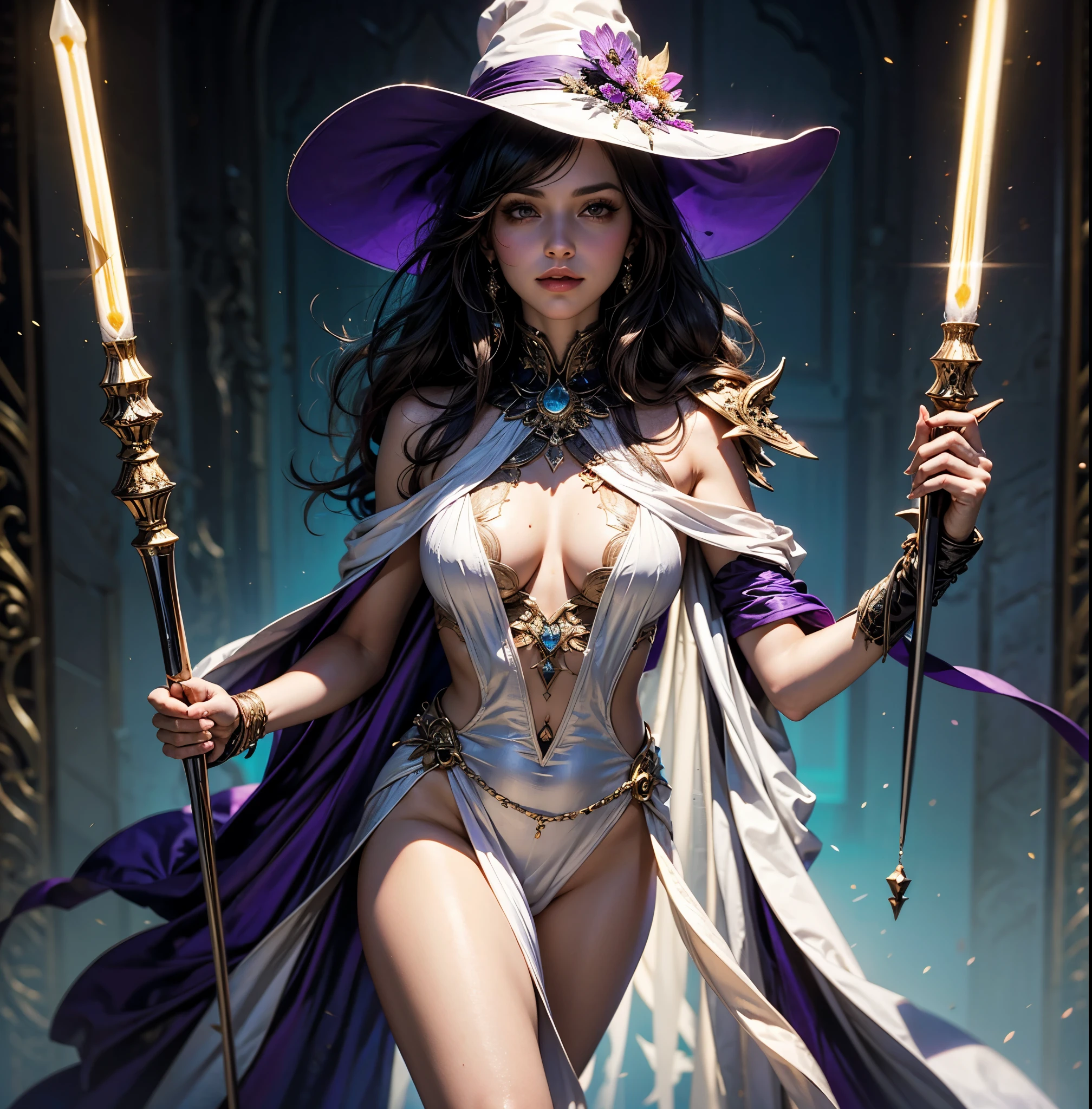Obra maestra, 4k, altoly detailed, magia, Fantasy universe, Final Fantasy XIV bruja, Hermosa mujer vestida de maga_glam,  (white and purple wizard robe, falda estudiante morada, medias blancas media pierna, sombrero de mago:1.2), lanzando un hechizo, Vestido de mago brillante,Imagen clara de medio cuerpo, sonriendo al espectador, Purple-furred black mage, Cantidad extrema de detalles, (Make every pixel count to draw the most beautifully detailed art you can:1.1), analog style, colores brillantes, symmetrical, centrado, de cerca, femenino, athletic, adaptar, cintura estrecha, alto, piel bronceada, [(colorful explosion psychedelic paint colors:1.1)::0.125],  realista body proportions, realista, photo-realista, 8k, altoly detailed, Luz LED, luces laser,con sabor a frutas, (thepit bimbo:0.5), Lustroso,anatomically correct, symmetricalal anatomy,   