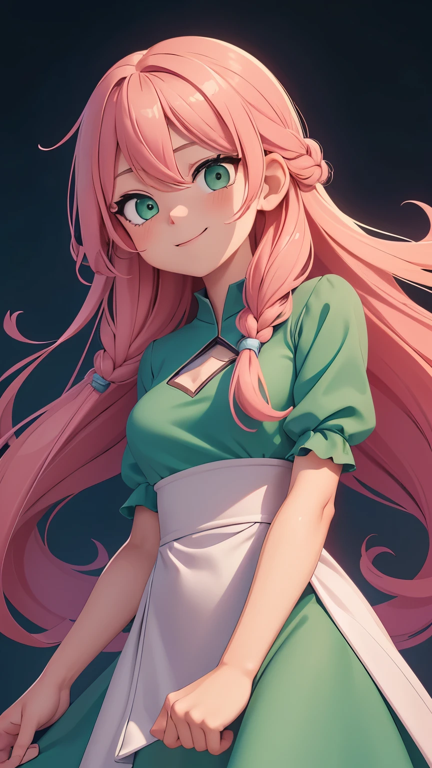 (1girl) A very charming with (green tosca long simple dress) and (pink hair). The illustration is a high-definition illustration in 4k resolution, featuring highly detailed facial features and cartoon-style visuals. ((sfw)), cute happy pose, full long dress cover all bodypart