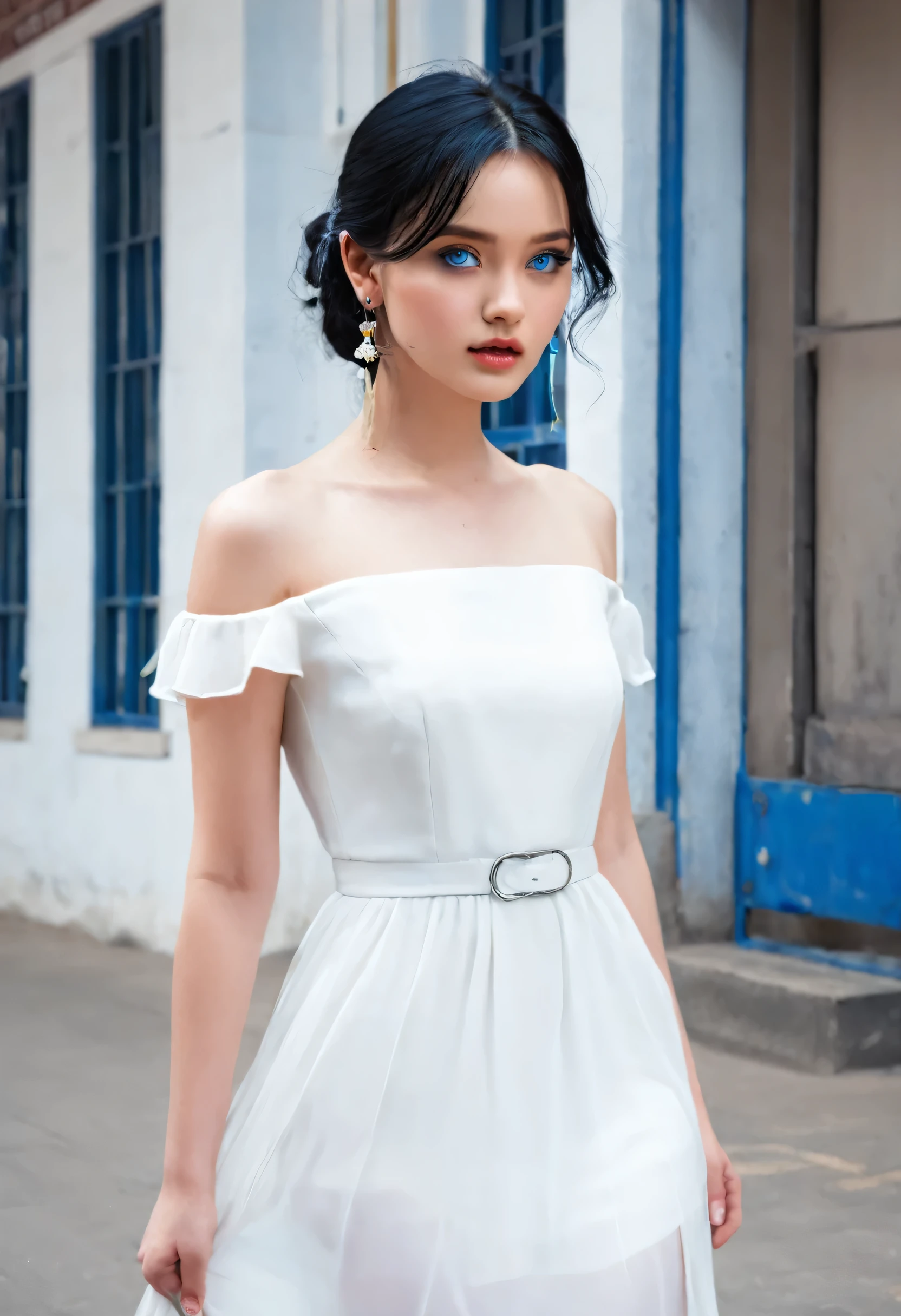 1 female, Black Hair, Blue pupils, Delicate face, Lovely, Love Earrings, White Dress, Standing in front of the police station, Surreal