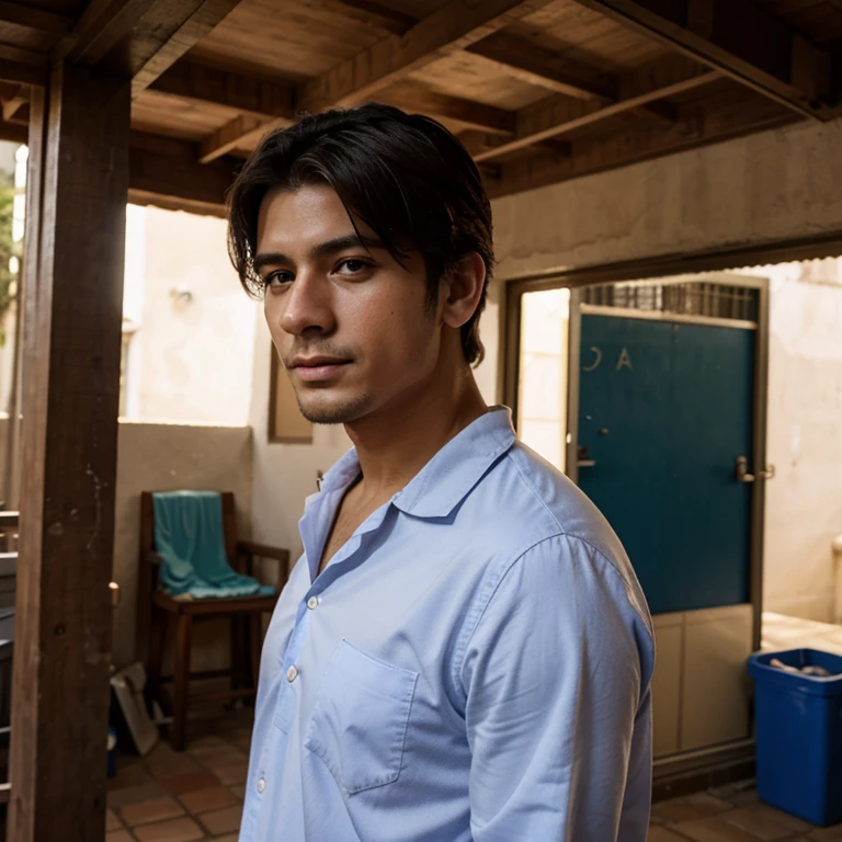 Un chico, moreno, con ropa normal, casa, limpieza