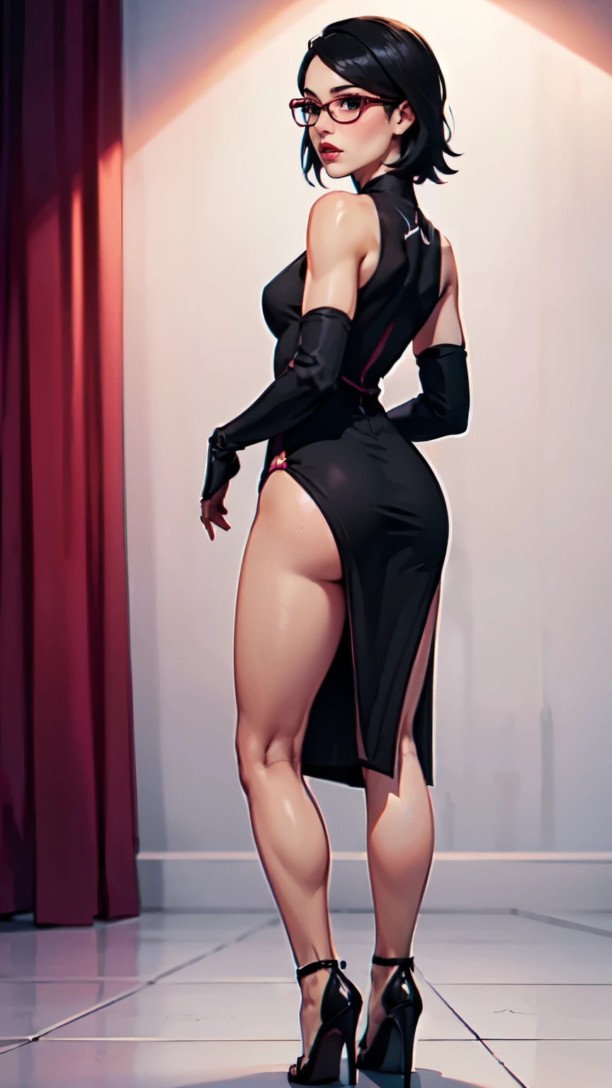 ((highest quality)), ((masterpiece)), ((be familiar with)), ((Accurate)), ((Realistic)), (Realistic), (Best Shadow), Cinematic, (Complex:1.4), High contrast, Side lighting, 8K, ((Bryce Dallas Howard)), ((Accurate手と指)), ((Evil Queen)), 43-year-old Caucasian female、(Black Hair、short hair)、(Voluptuous body)、(Large Breasts)、(Cleavage)、Narrow waist、(Big Ass)、(Big Assが強調されたアングル)、glamorous、Beautifully grown black nails、Black glitter lipstick、Black and purple robe、(hands on hips)、((deeply squatting))、((Back view))、Audience Chamber、(Head to Toe)、(full body)、Looking up from the floor