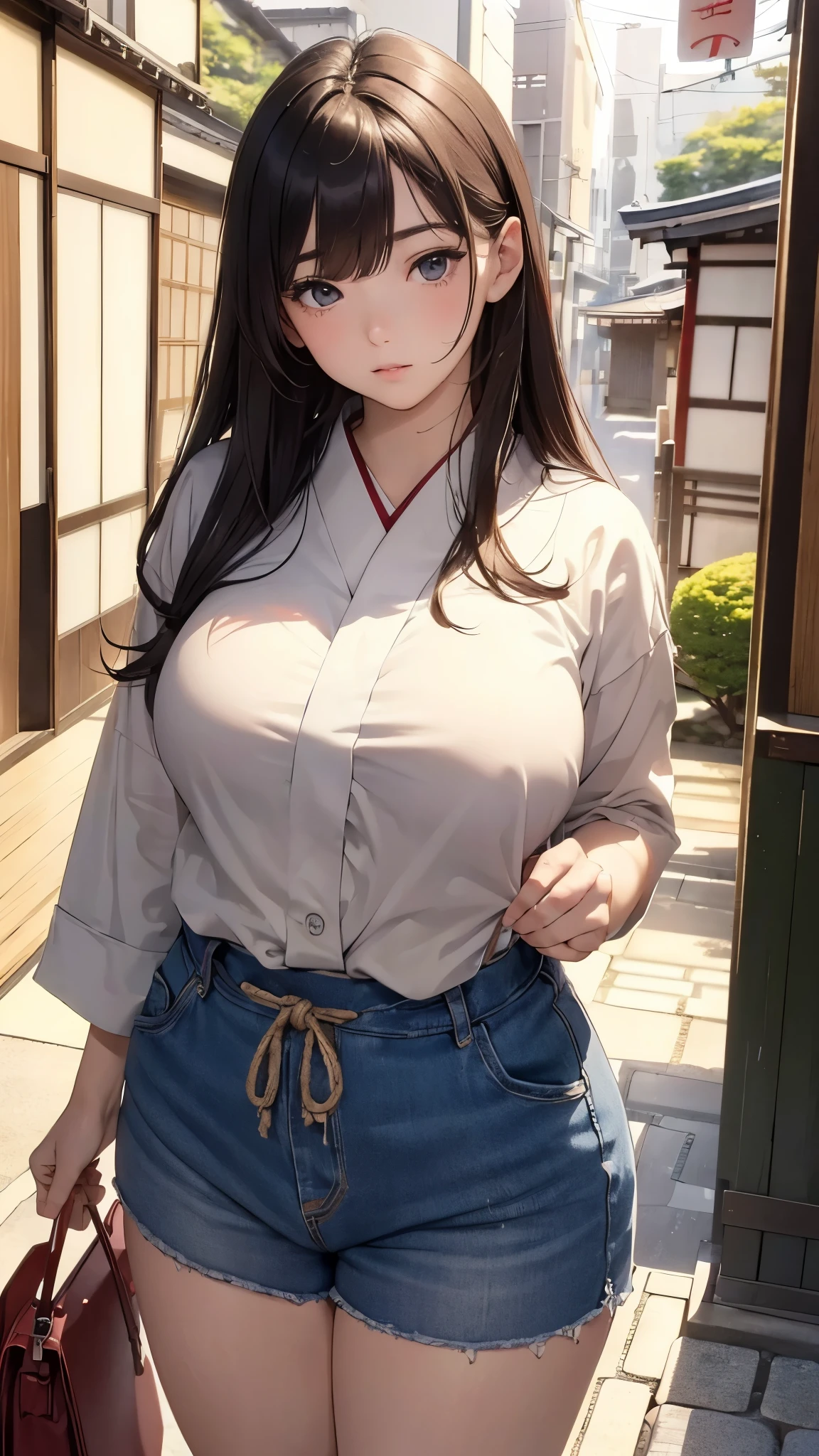 (((masterpiece))),(((High resolution)))、(((8K)))、(((perfect face)))、(((beauty of japan)))、20 years old、(((beautiful face))), shirt, embarrassed look, look at the camera, thighs、top quality eyes, detailed texture, look at the camera, plump, plump thighs, big tits, all body, tall