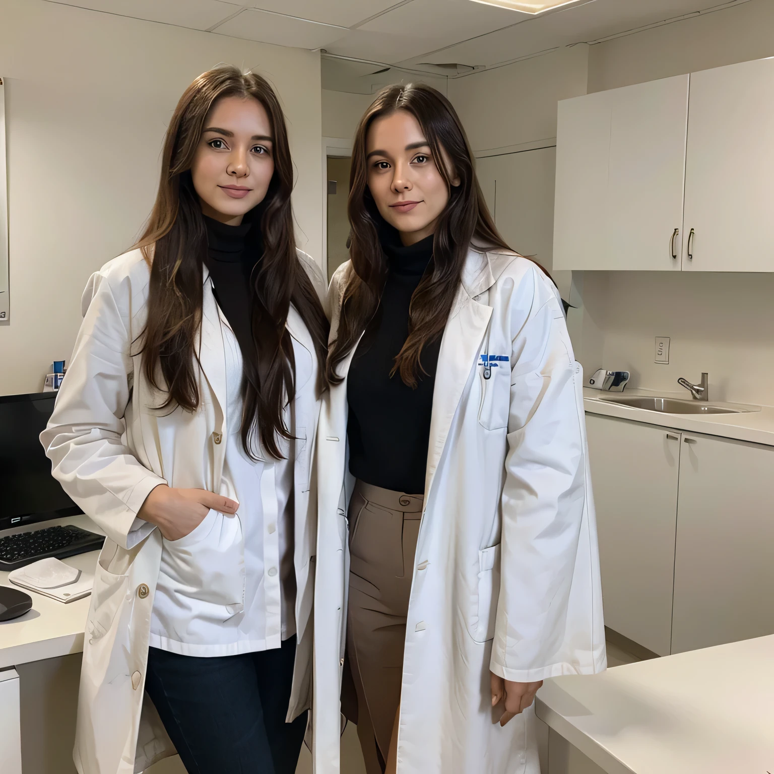 30-year-old woman, long hair and veterinary doctor dressed in white coat written Aline Bruder inside a veterinary doctor's office