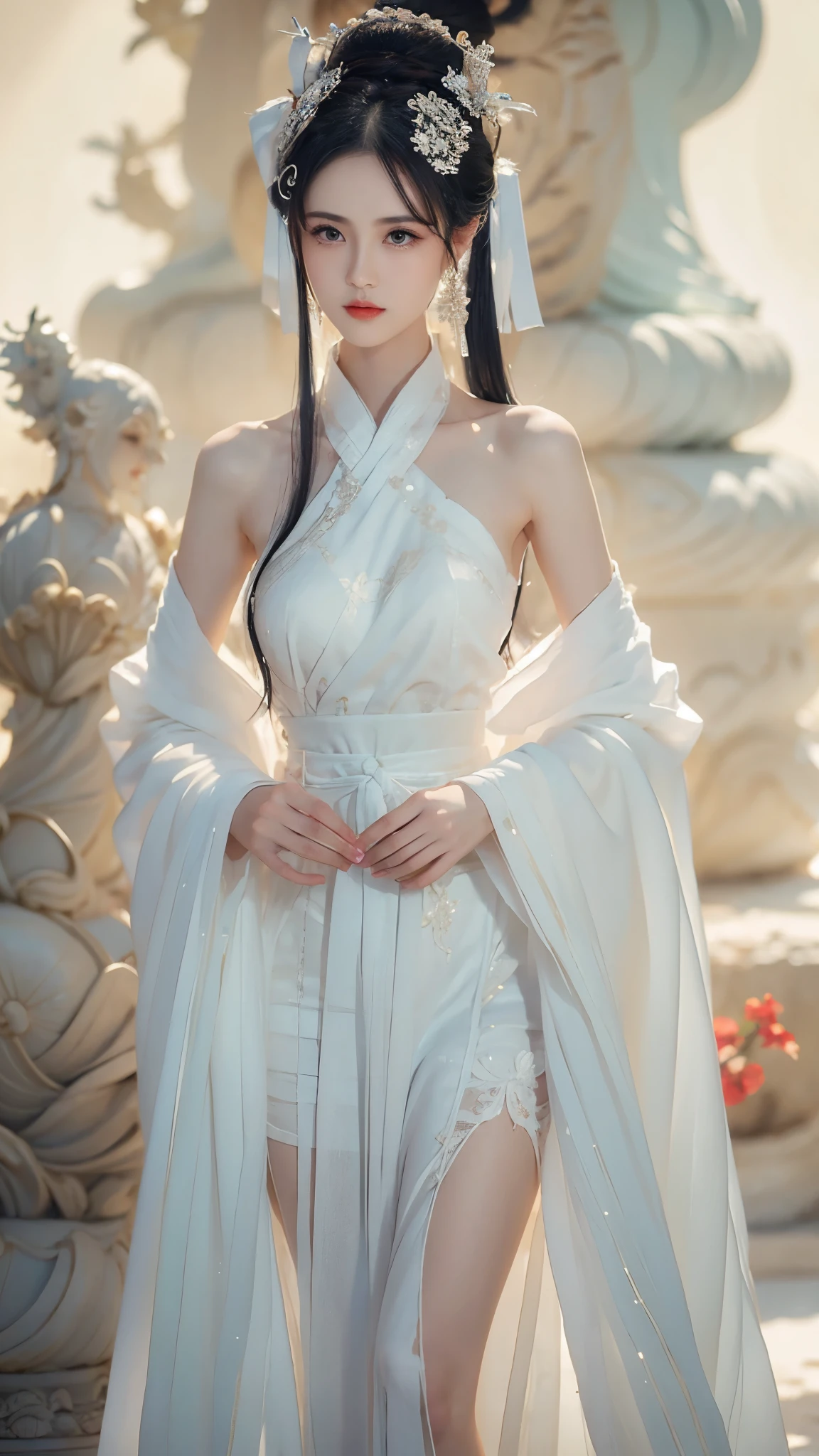 BAINV, ((Bare shoulder)), ((knee shot)), ((Standing walking)), ((Elegant and charming posture)), ((Close shot)), shot of woman with flowers in hair, Portraits inspired by Du Qiong, CG trends, Reality, Gorgeous Chinese model, traditional beauty, Chinese girl, cgstation trends, Popular topics on cgstation, Chinese style, palace , Cute and delicate face, beautiful girl, A beautiful young womanAnatomically correct
