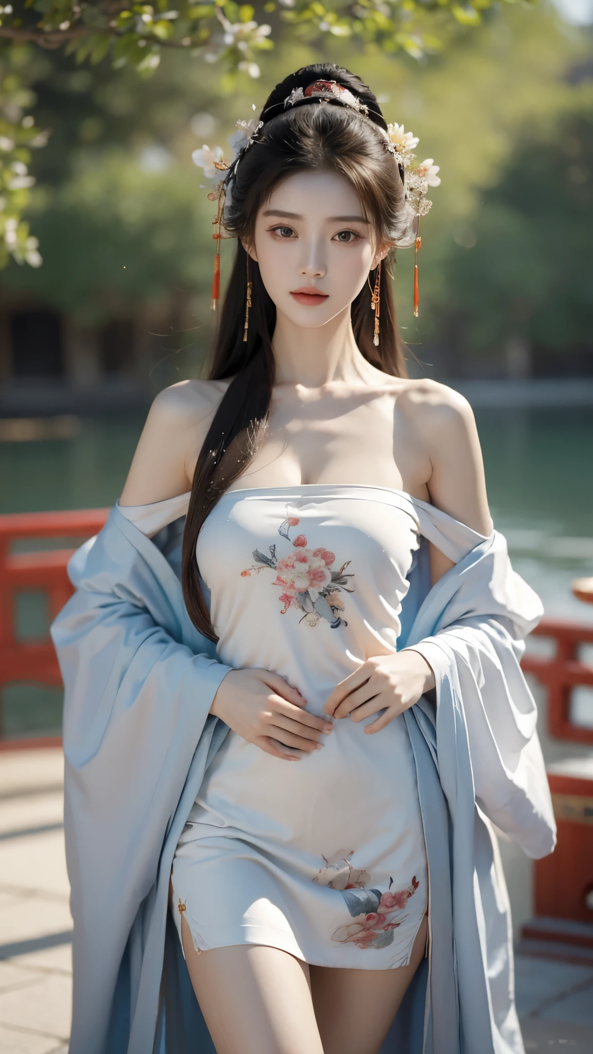 gufeng,bare shoulders, ((Bare shoulder)), ((knee shot)), ((Standing walking)), ((Elegant and charming posture)), ((Close shot)), shot of woman with flowers in hair, Portraits inspired by Du Qiong, CG trends, Reality, Gorgeous Chinese model, traditional beauty, Chinese girl, cgstation trends, Popular topics on cgstation, Chinese style, palace , Cute and delicate face, beautiful girl, A beautiful young womanAnatomically correct