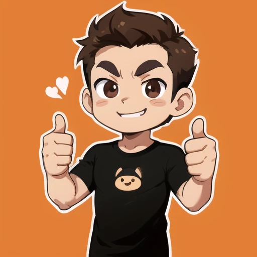 Chibi emoticon, Thumbs up, 1 boy, Young man wearing a black t-shirt,brown hair