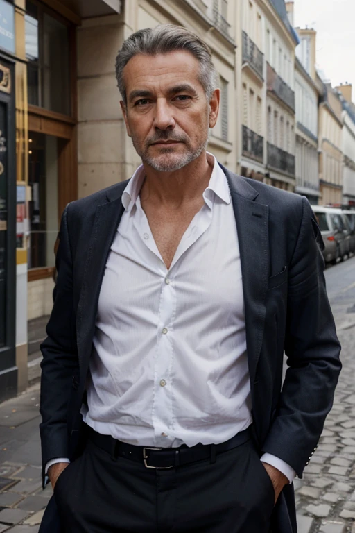 homme mure 60 ans, beau, cheveux grisonnants sans calvitie, regarde rieur, elegant Parisian, chaf d'entreprise mais habillé décontracté
