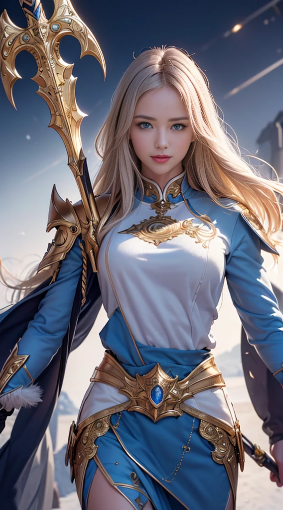 ((highest quality, 8k, masterpiece: 1.3)),Real 8K,A majestic paladin in golden armor, Wield a sword filled with light, And with a huge golden shield. Paladin&#39;s blue eyes shine with determination as he walks through the dark and mysterious streets.. The glow of the Paladin&#39;s sword illuminated the surroundings., Uncover intricate details，Add a cinematic touch to your compositions. The overall aesthetics are、It captures the beauty and depth of the scene., Reminiscent of Fujifilm photography.　7-Head Body Slender Beauty、smile
