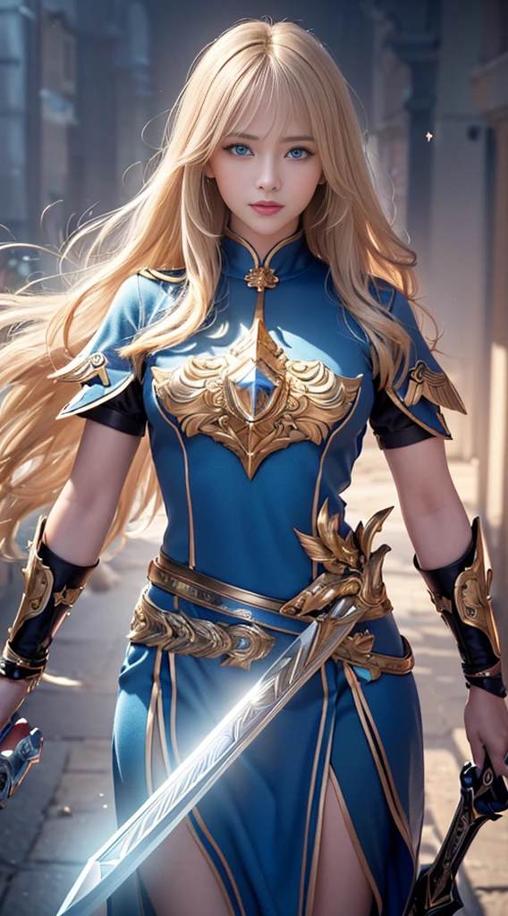 ((highest quality, 8k, masterpiece: 1.3)),Real 8K,A majestic paladin in golden armor, Wield a sword filled with light, And with a huge golden shield. Paladin's blue eyes shine with determination as he walks through the dark and mysterious streets.. The glow of the Paladin's sword illuminated the surroundings., Uncover intricate details,Add a cinematic touch to your compositions. The overall aesthetics are、It captures the beauty and depth of the scene., Reminiscent of Fujifilm photography. 7-Head Body Slender Beauty、smile