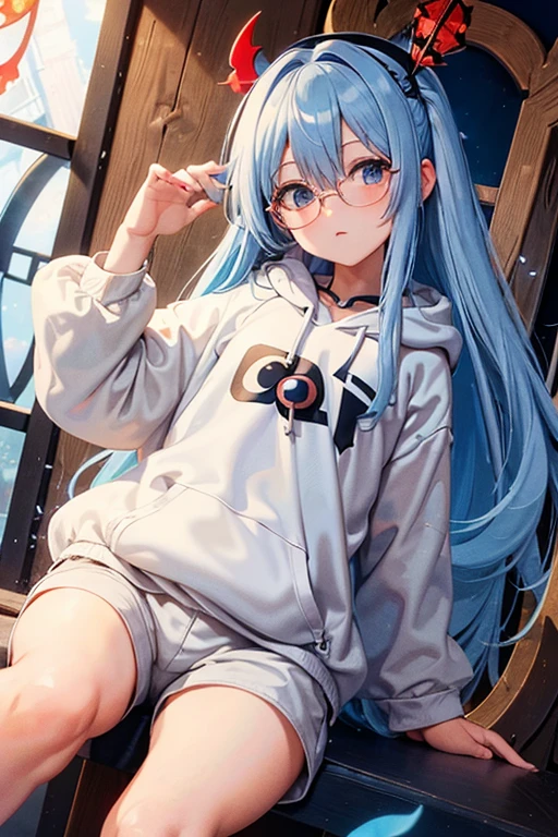 Angelic French doll, stocky, light colored hoodie, in short pants, blue hair ,messy long hair, (anime: 1.2), Wear glasses, asymmetrical bangs, (masterpiece: 1.2), Tengu, fortune teller