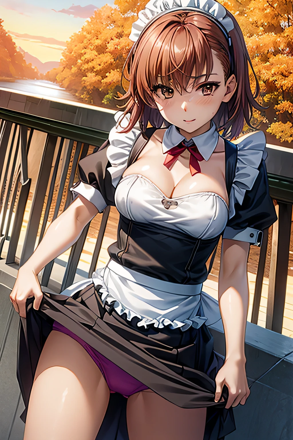 misaka mikoto, 1girl,18yo,brown short hair,perfect hands, perfect finger,perfect anatomy,masterpiece, best quality,realistic, hyperrealistic, 16k hdr, outdoors,(red blush,embarrassment),(skirt lift herself:1.5),(show off micro panty),(sexy maid dress,head dress,cleavage,ultra miniskirt:1.3),(from below:1.2),spread legs