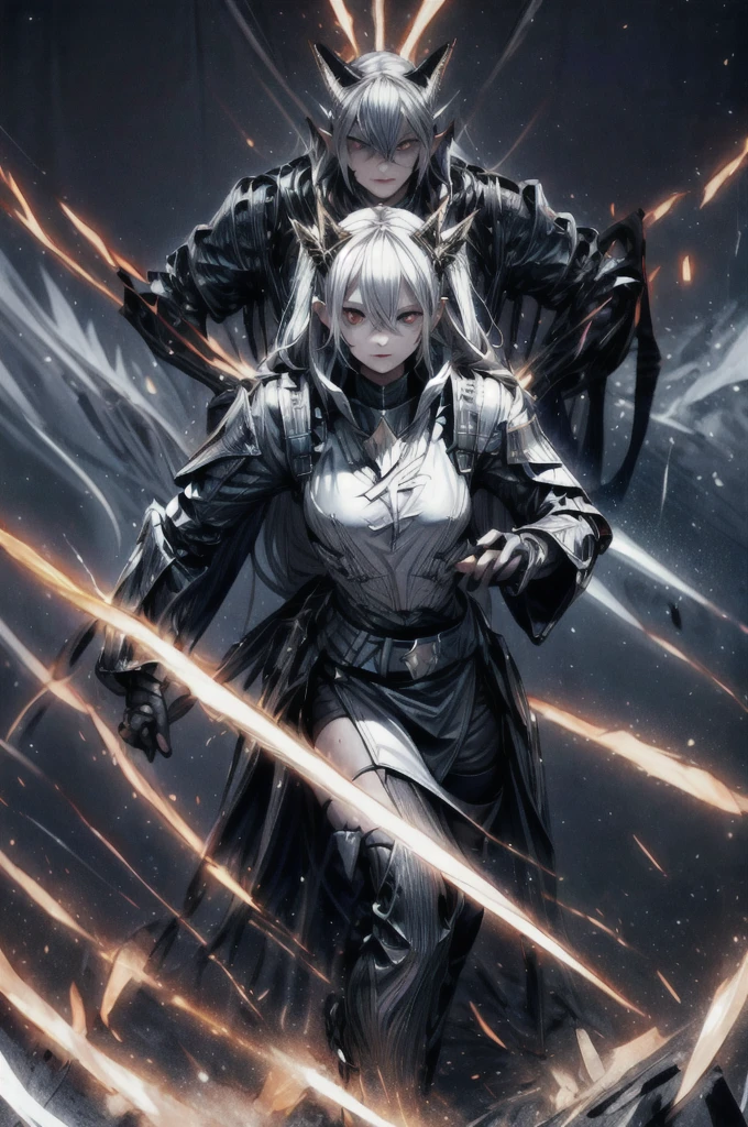 (masterpiece), 1girl, (girl focus), best quality, perfect face, white hair, very long hair, facing away from viewer, standing, black tiara, ((black armor)), black choker, medium breasts, black desert, lavalake, lavafall, crumbling rocks, black cobblestone, withered flowers, 1 girl with sword stares into the distance next to a hellish landscape