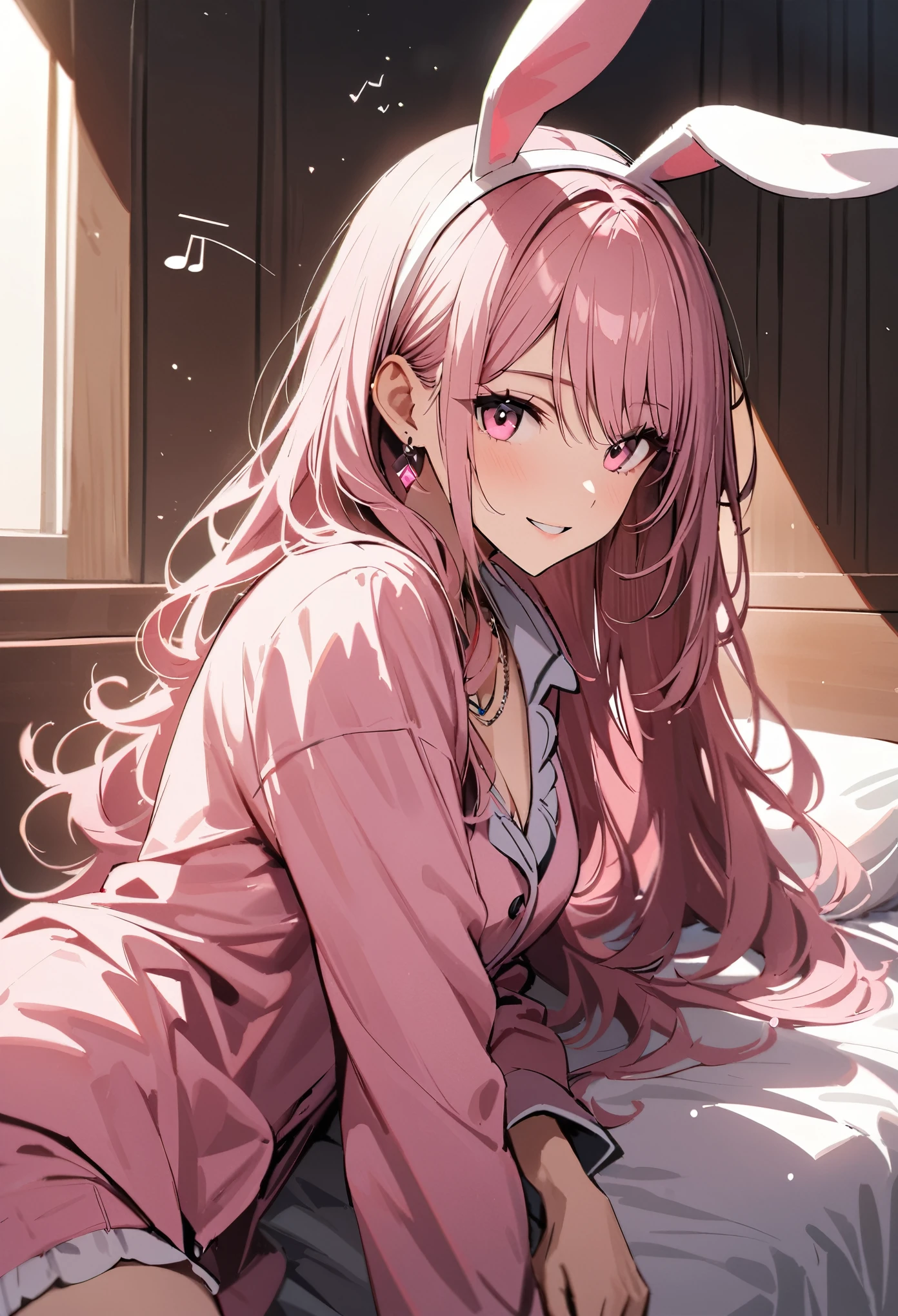 masterpiece, highest quality, Super fine, super fine, 4k, 8K, highest quality, beautiful, cute woman, alone, (beautiful pink hair, beautiful pink eyes, beautiful eyes, long hair, Bunny ears, smile),
Rest Room with cozy bed, pajamas,
break prada, necklace, earrings, accessories, bag,
great lighting, bloom, Exceptional resolution, Super detailed, highest quality, High resolution, Audio Notes,