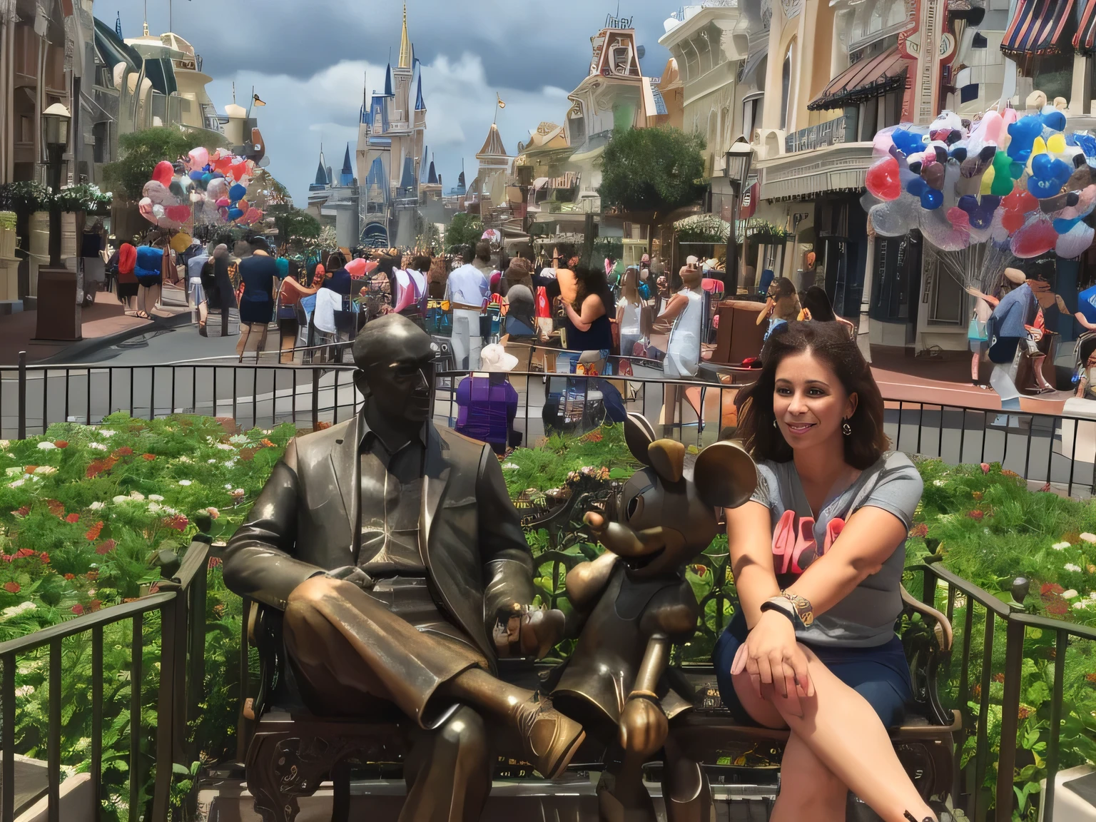 Woman sitting on a bench next to a statue of Walt Disney, Mickey Mouse statue, magic kingdom, Disney World, Walt Disney World, at Disney, inspired by Walt Disney, USA-September 20, photo taken in 2018, Disney! !, Disney! !!!, Disney artist, Disney 8k photo, posing like a statue, Magic Kingdom, Disney Orlando in Florida. Ao fundo a Main Street e Castelo da Cinderela. high resolution, Alta qualidade, 8k. Test, highly realistic, reddish skin, beautiful, slightly full lips, red lipstick, feeling of lightness and joy, hyper-realism, very elaborate skin, direct look. Full body photo, clear and high quality photo. Beautiful woman, extremely sexy, very sensual. Masterpiece: 1.3, high resolution, (photographically realistic), 8k,