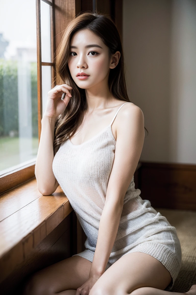 Masterpiece,Best quality,offcial art,Ultra-detailed CG unified 8K wallpaper, (hdr:1.4), (A masterpiece of photography),(真实感), (pastel colour, dim colors, soothing tones:1.3), (Natural skin texture, hyper photorealism, Soft light, Sharp),(Extremely detailed), Professional lighting, Radio City,((1girll,20yr old,Fell asleep on the windowsill,Heavy rain late at night)), inside bedroom,Cold light,deep in the night,Rain is the best quality, Lots of details, Masterpiece, Ultra-detailed, illustration, Extremely delicate and beautiful girl, 8K_the wallpaper,Beautiful detailed girl