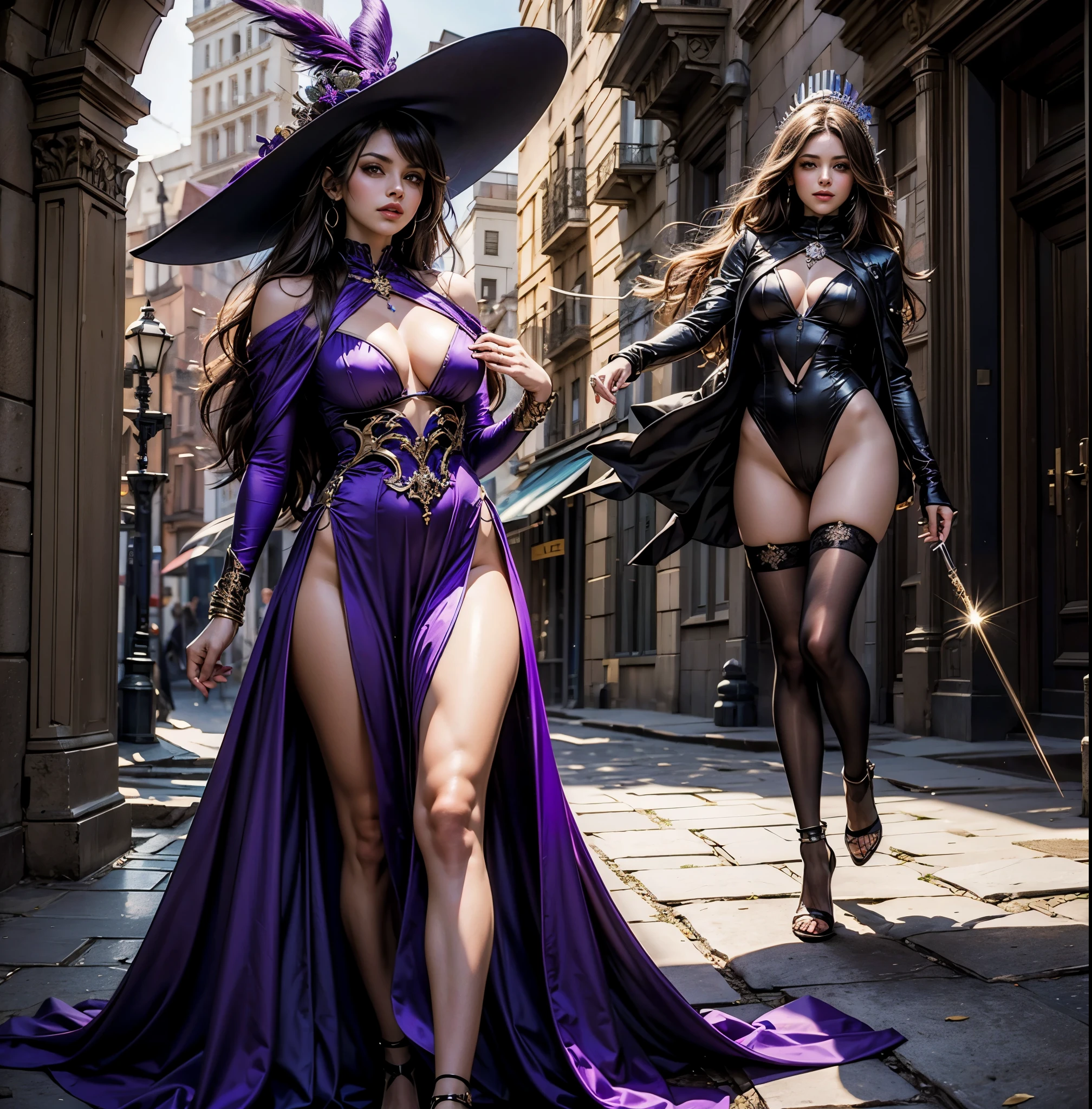 Obra maestra, 4k, altoly detailed, magia, Fantasy universe, Final Fantasy XIV bruja, Hermosa mujer vestida de maga_glam,  (white and purple wizard robe, falda estudiante morada, medias blancas media pierna, sombrero de mago:1.2), lanzando un hechizo, Vestido de mago brillante,Imagen clara de medio cuerpo, sonriendo al espectador, Purple-furred black mage, Cantidad extrema de detalles, (Make every pixel count to draw the most beautifully detailed art you can:1.1), analog style, colores brillantes, symmetrical, centrado, de cerca, femenino, athletic, adaptar, cintura estrecha, alto, piel bronceada, [(colorful explosion psychedelic paint colors:1.1)::0.125],  realista body proportions, realista, photo-realista, 8k, altoly detailed, Luz LED, luces laser,con sabor a frutas, (thepit bimbo:0.5), Lustroso,anatomically correct, symmetricalal anatomy,   