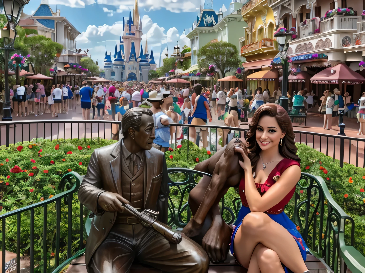 Woman sitting on a bench next to a statue of Walt Disney, Mickey Mouse statue, magic kingdom, Disney World, Walt Disney World, at Disney, inspired by Walt Disney, USA-September 20, photo taken in 2018, Disney! !, Disney! !!!, Disney artist, Disney 8k photo, posing like a statue, Magic Kingdom, Disney Orlando in Florida. Ao fundo a Main Street e Castelo da Cinderela. high resolution, Alta qualidade, 8k. Test, highly realistic, reddish skin, beautiful, slightly full lips, red lipstick, feeling of lightness and joy, hyper-realism, very elaborate skin, direct look. Full body photo, clear and high quality photo. Beautiful woman, extremely sexy, very sensual. Masterpiece: 1.3, high resolution, (photographically realistic), 8k,