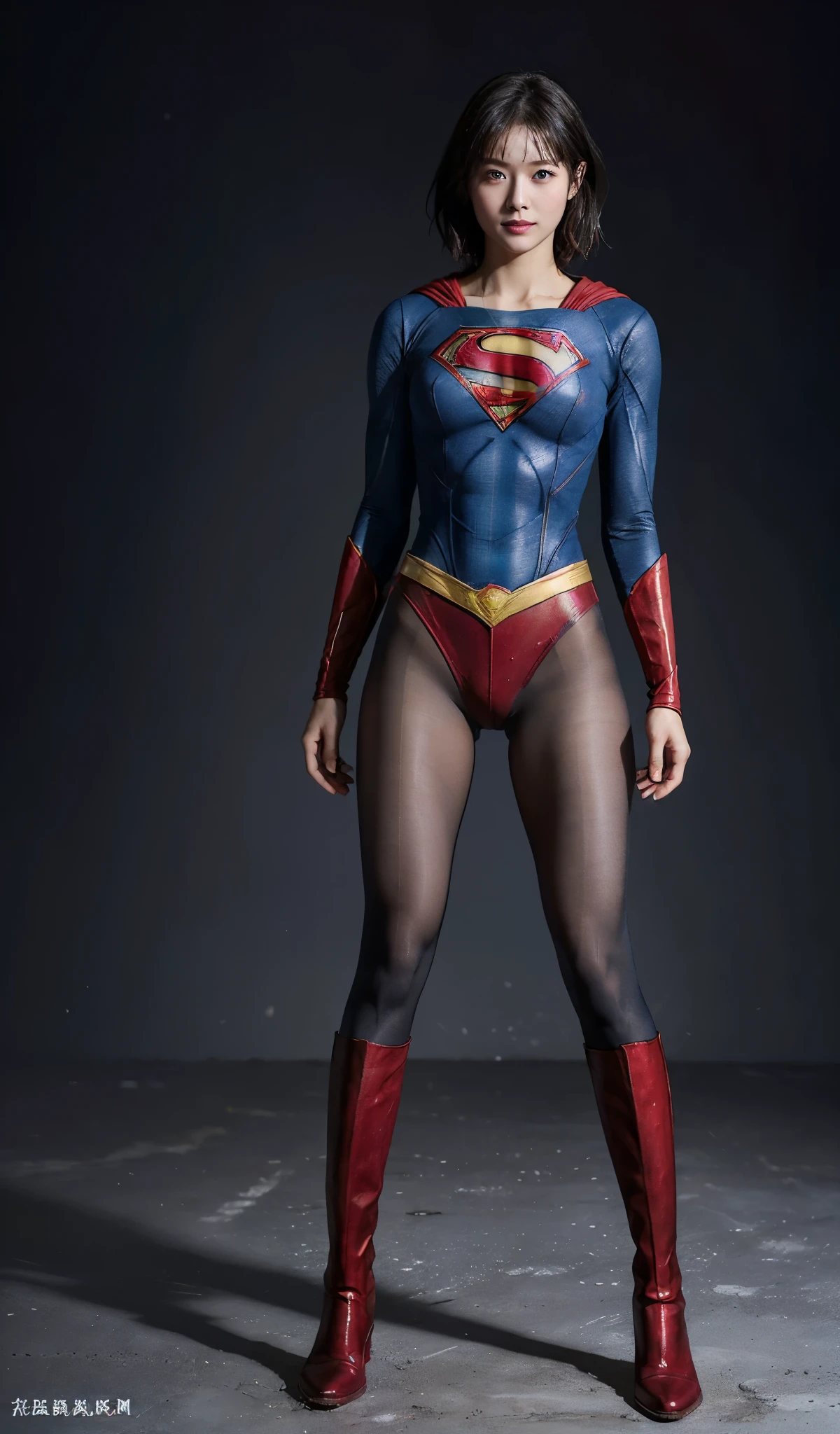 No background、(((Beautiful legs in black tights.)))、(((Legally express the beauty of your smile)))、((((Make the most of your original images)))、(((Supergirl Costume)))、(((beautiful short bob hair)))、(((suffering)))、(((Please wear black tights....、Wear red boots)))、((Best image quality、8K))、((highest quality、8K、masterpiece:1.3))、(((Preserve background )))、Sharp focus:1.2、Beautiful woman with perfect figure:1.4、Thin abdominal muscles:1.2、Wet body:1.5、Highly detailed face and skin texture、8K