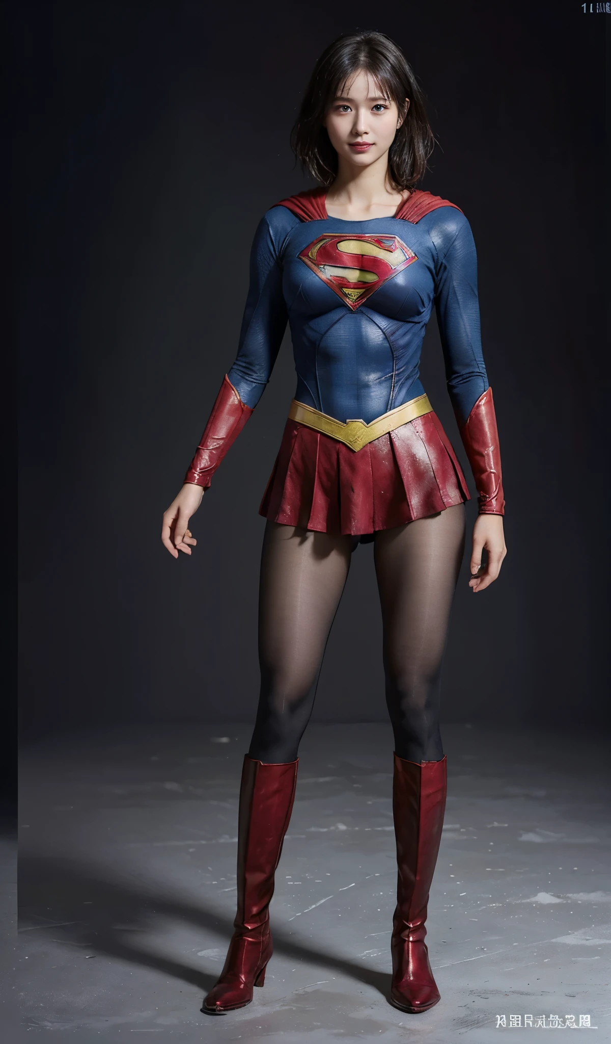 No background、(((Beautiful legs in black tights.)))、(((Legally express the beauty of your smile)))、((((Make the most of your original images)))、(((Supergirl Costume)))、(((beautiful short bob hair)))、(((suffering)))、(((Please wear black tights....、Wear red boots)))、((Best image quality、8K))、((highest quality、8K、masterpiece:1.3))、(((Preserve background )))、Sharp focus:1.2、Beautiful woman with perfect figure:1.4、Thin abdominal muscles:1.2、Wet body:1.5、Highly detailed face and skin texture、8K