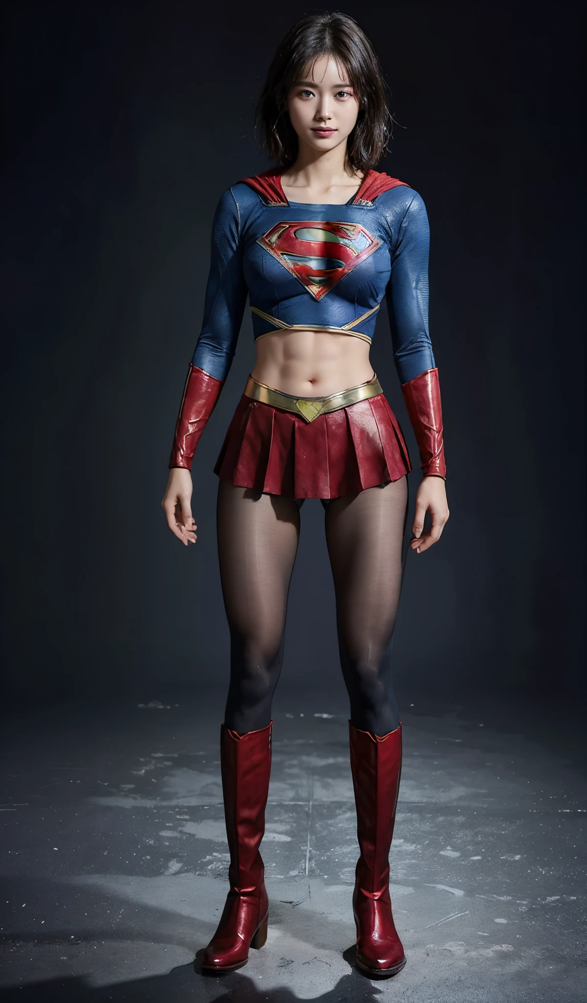 No background、(((Beautiful legs in black tights.)))、(((Legally express the beauty of your smile)))、((((Make the most of your original images)))、(((Supergirl Costume)))、(((beautiful short bob hair)))、(((suffering)))、(((Please wear black tights....、Wear red boots)))、((Best image quality、8K))、((highest quality、8K、masterpiece:1.3))、(((Preserve background )))、Sharp focus:1.2、Beautiful woman with perfect figure:1.4、Thin abdominal muscles:1.2、Wet body:1.5、Highly detailed face and skin texture、8K