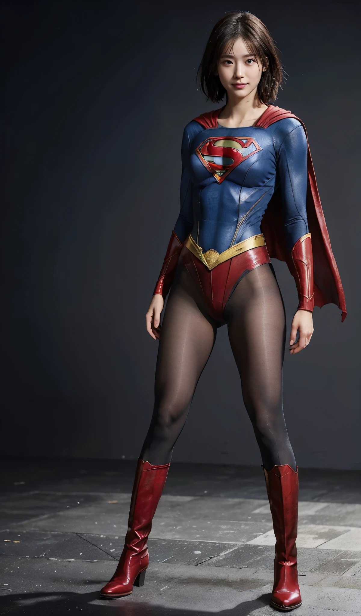 No background、(((Beautiful legs in black tights.)))、(((Legally express the beauty of your smile)))、((((Make the most of your original images)))、(((Supergirl Costume)))、(((beautiful short bob hair)))、(((suffering)))、(((Please wear black tights....、Wear red boots)))、((Best image quality、8K))、((highest quality、8K、masterpiece:1.3))、(((Preserve background )))、Sharp focus:1.2、Beautiful woman with perfect figure:1.4、Thin abdominal muscles:1.2、Wet body:1.5、Highly detailed face and skin texture、8K