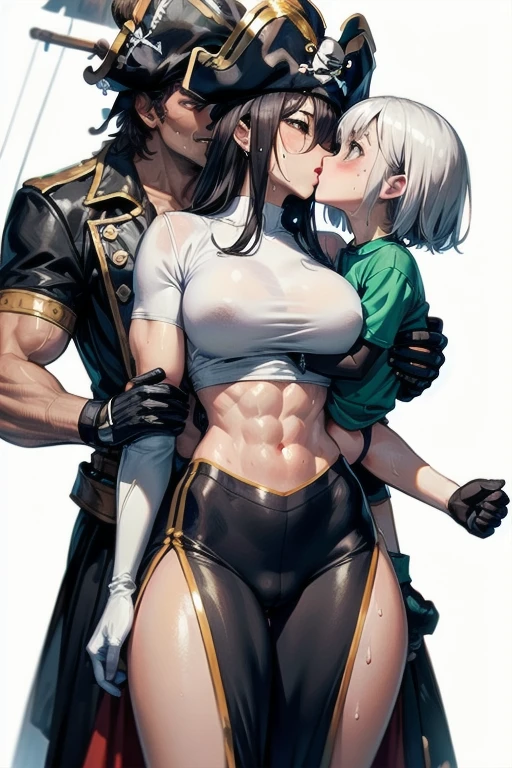 (((1 Black Woman, 1 muscular black man,pirate,))) ,Athlete body shape, piratecap,(black skin), ((transparent clothes)),((sweat)) white gloves, gray hair, long hair,green eyes, droopy eyes,ache, sedentary, I see my chest,,,fat body, vaginal exposure, ((pirate선 위)), Clear outlines, short sleeve, best quality, masterpiece, (((kiss)))
