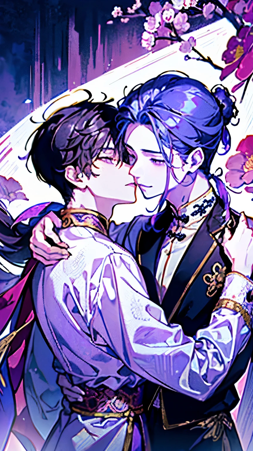 (Two men facing each other:1.45)、((Trying to kiss with your eyes closed:1.1)),((boys love:1.25)),(masterpiece、highest quality、highest quality、Beautiful and beautiful:1.2)、(Good anatomy:1.5)、Painting of a Man with milky blonde wave hair、Shy smile、Sparkling Eyes、looking down、strawberry pattern background、((long hair:1.2))、(black hair:1.45)、(black、pink、orange、yellow:1.2)、(Chinese hanfu concept:1.25)、((high quality view:1.2)),Close-up of face