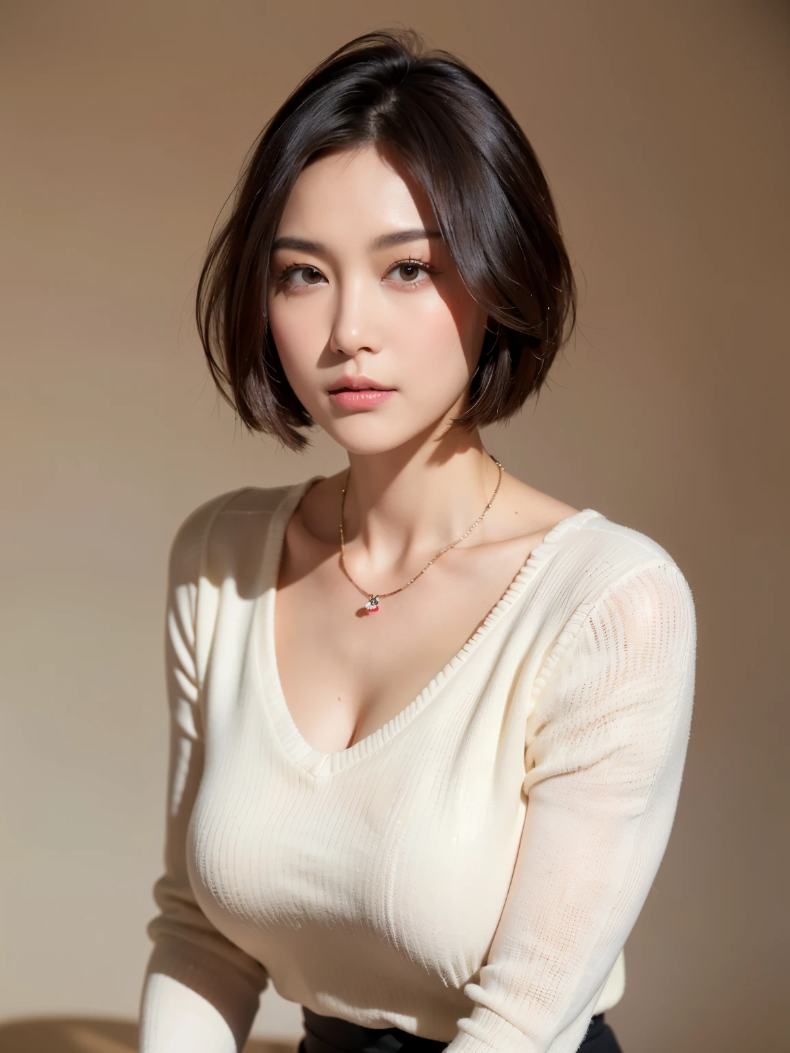 (highest quality, 8k, 32k, masterpiece, Ultra-high resolution:1.2),Beautiful Japanese Women Photos, Large Breasts, very short bob hair,Upper Body,Face Focus,Extra Large_sweater, necklace, Simple Background, From above, View your viewers,