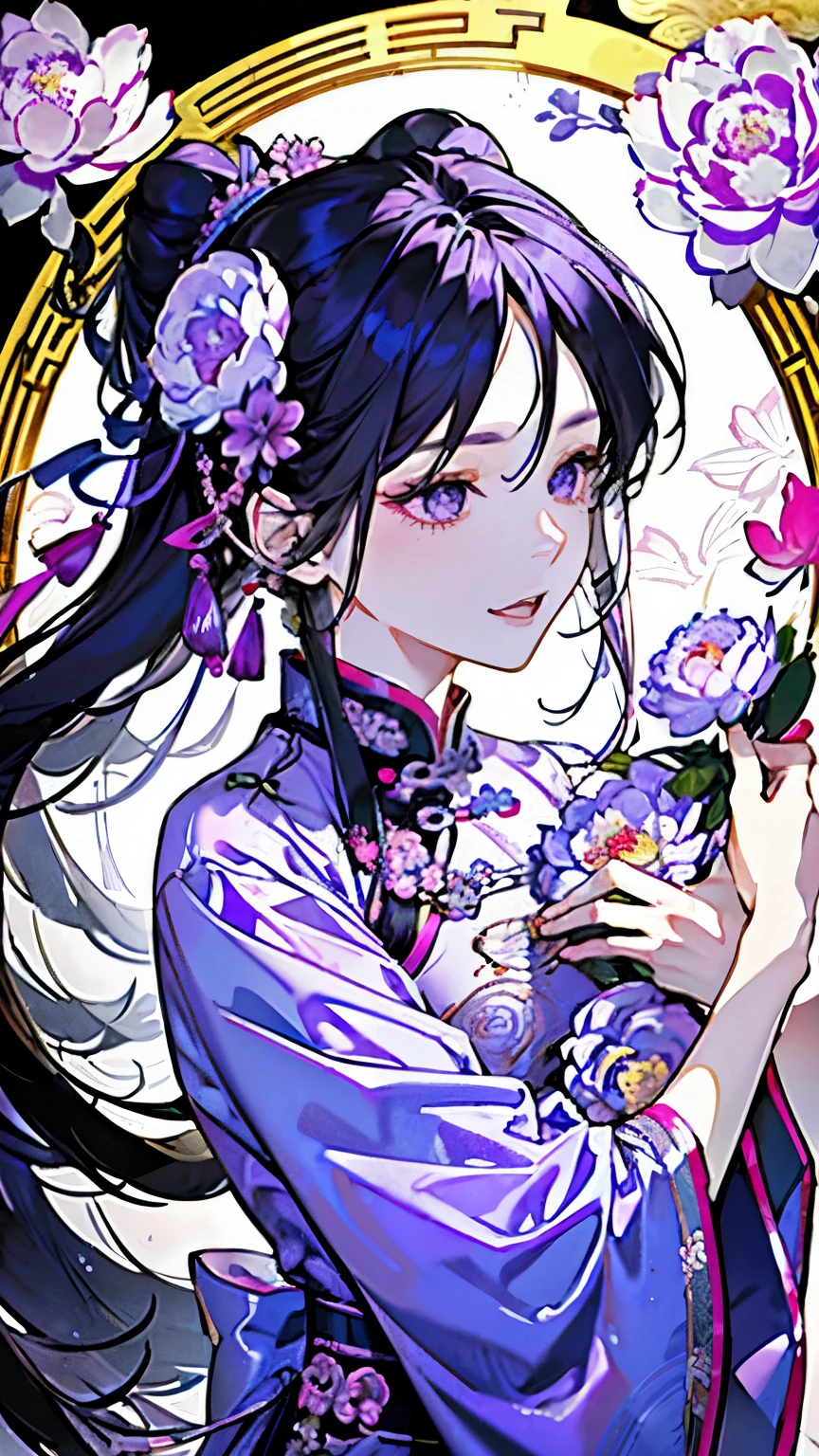((Around )),(A pale purple costume reminiscent of an ancient Chinese celestial maiden),(),((long hair:1.35)),ponytail,smile,Fantasy,(Demonic and mysterious atmosphere background),((Hugs)),(Peony or Chinese peony、There are many lotus flowers),(Close-up of face:1.25)