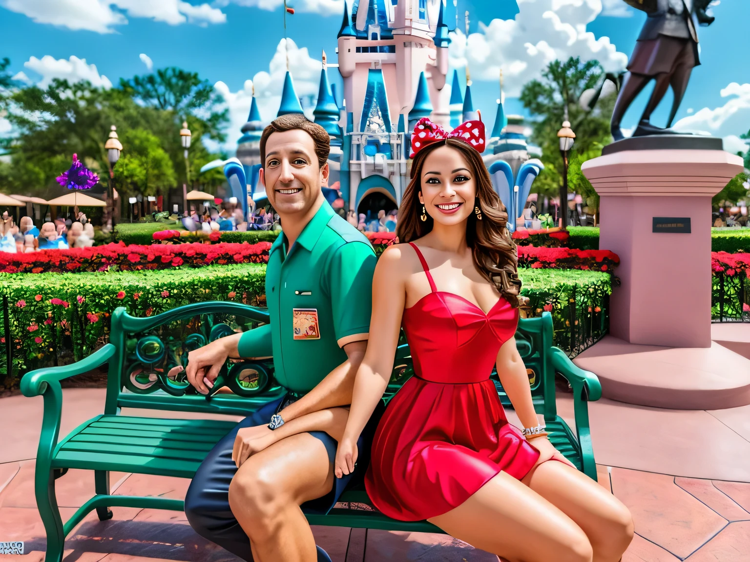 Woman sitting on a bench next to a statue of Walt Disney, Mickey Mouse statue, magic kingdom, Disney World, Walt Disney World, at Disney, inspired by Walt Disney, USA-September 20, photo taken in 2018, Disney! !, Disney! !!!, Disney artist, Disney 8k photo, posing like a statue, Magic Kingdom, Disney Orlando in Florida. Ao fundo a Main Street e Castelo da Cinderela. high resolution, Alta qualidade, 8k. Test, highly realistic, reddish skin, beautiful, slightly full lips, red lipstick, feeling of lightness and joy, hyper-realism, very elaborate skin, direct look. Full body photo, clear and high quality photo. Beautiful woman, extremely sexy, very sensual. Masterpiece: 1.3, high resolution, (photographically realistic), 8k,