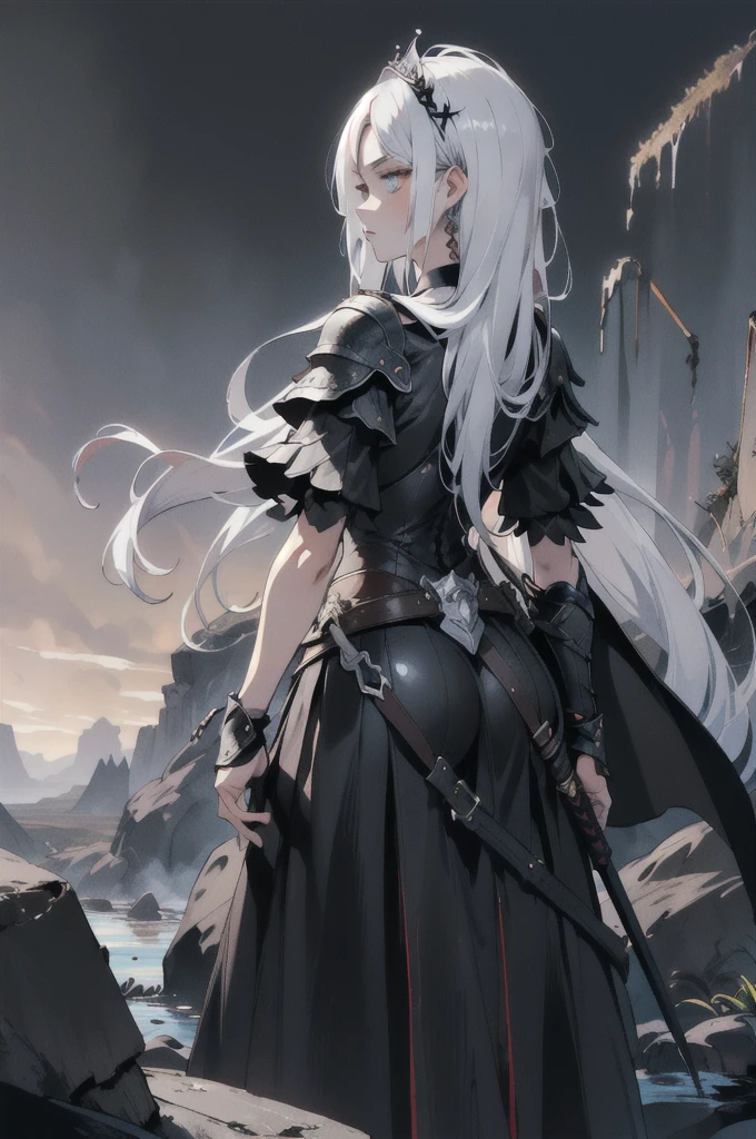 (masterpiece), 1girl, (girl focus), best quality, perfect face, white hair, very long hair, facing away from viewer, standing, black tiara, ((black armor)), black choker, medium breasts, black desert, lavalake, lavafall, crumbling rocks, black cobblestone, withered flowers, 1 girl with sword stares into the distance next to a hellish landscape