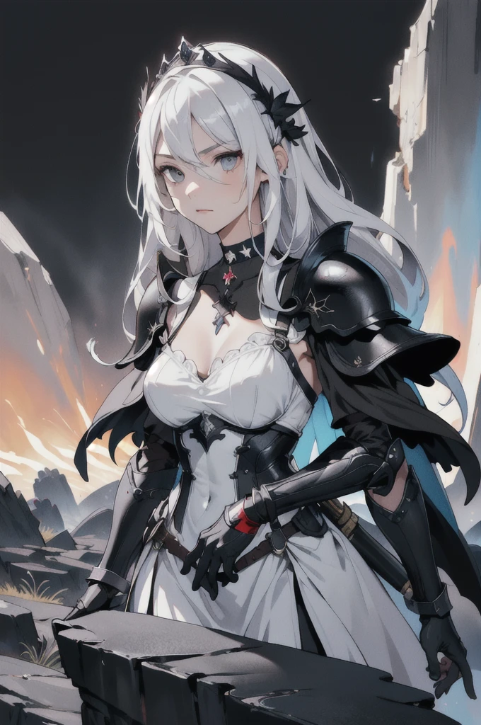 (masterpiece), 1girl, (girl focus), best quality, perfect face, white hair, very long hair, facing away from viewer, standing, black tiara, ((black armor)), black choker, medium breasts, black desert, lavalake, lavafall, crumbling rocks, black cobblestone, withered flowers, 1 girl with sword stares into the distance next to a hellish landscape