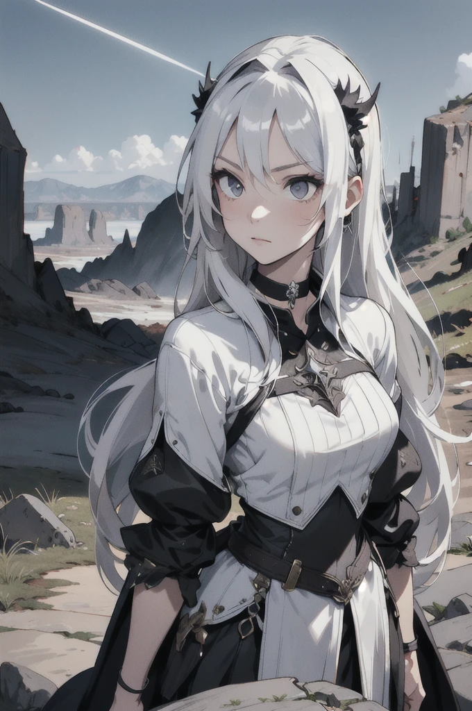 (masterpiece), 1girl, (girl focus), best quality, perfect face, white hair, very long hair, facing away from viewer, standing, black tiara, ((black armor)), black choker, medium breasts, black desert, lavalake, lavafall, crumbling rocks, black cobblestone, withered flowers, 1 girl with sword stares into the distance next to a hellish landscape