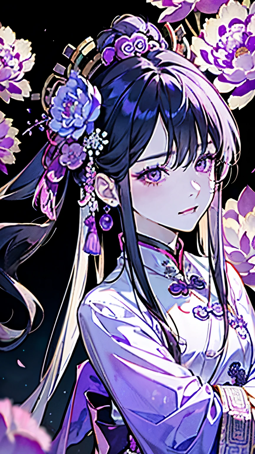((Around 16 years old)),(A pale purple costume reminiscent of an ancient Chinese celestial maiden),(),((long hair:1.35)),ponytail,smile,Fantasy,(Demonic and mysterious atmosphere background),((Hugs)),(Peony or Chinese peony、There are many lotus flowers),(Close-up of face:1.25)