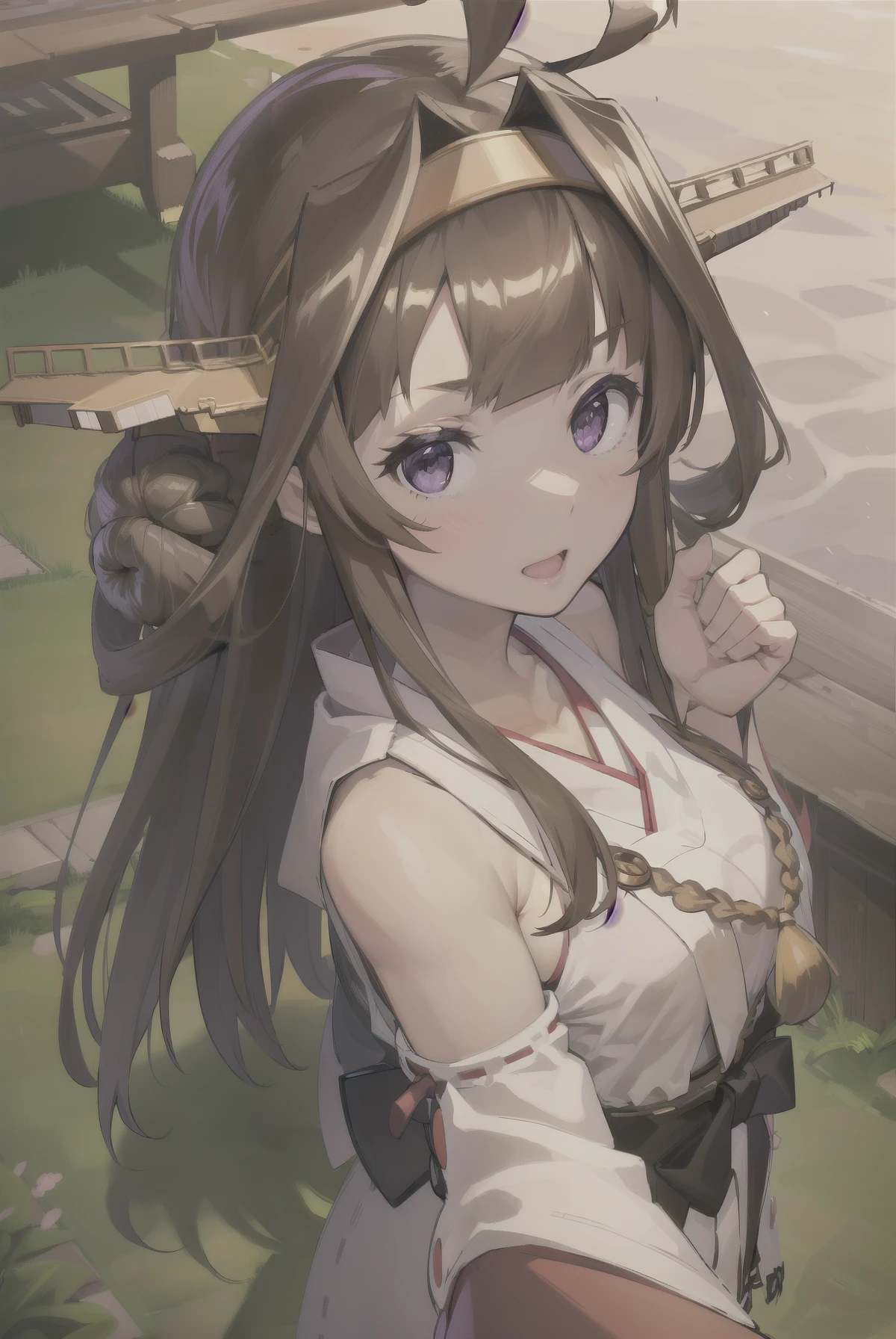 KanColle Kongou, kongou, Ahoge, Brown Hair, Double good, Hair Bun, hair band, headgear, Long Hair, (Purple eyes:1.1), 
break boots, Removable sleeves, kimono, Non-traditional Shrine Maiden, Ribbon trim, Sleeves edged with ribbon, Thigh-high boots, Wide sleeves,
break looking at viewer, 
break outdoors, Beach,
break (masterpiece:1.2), highest quality, High resolution, unity 8k wallpaper, (figure:0.8), (Beautiful fine details:1.6), Highly detailed face, Perfect lighting, Highly detailed CG, (Perfect hands, Perfect Anatomy),