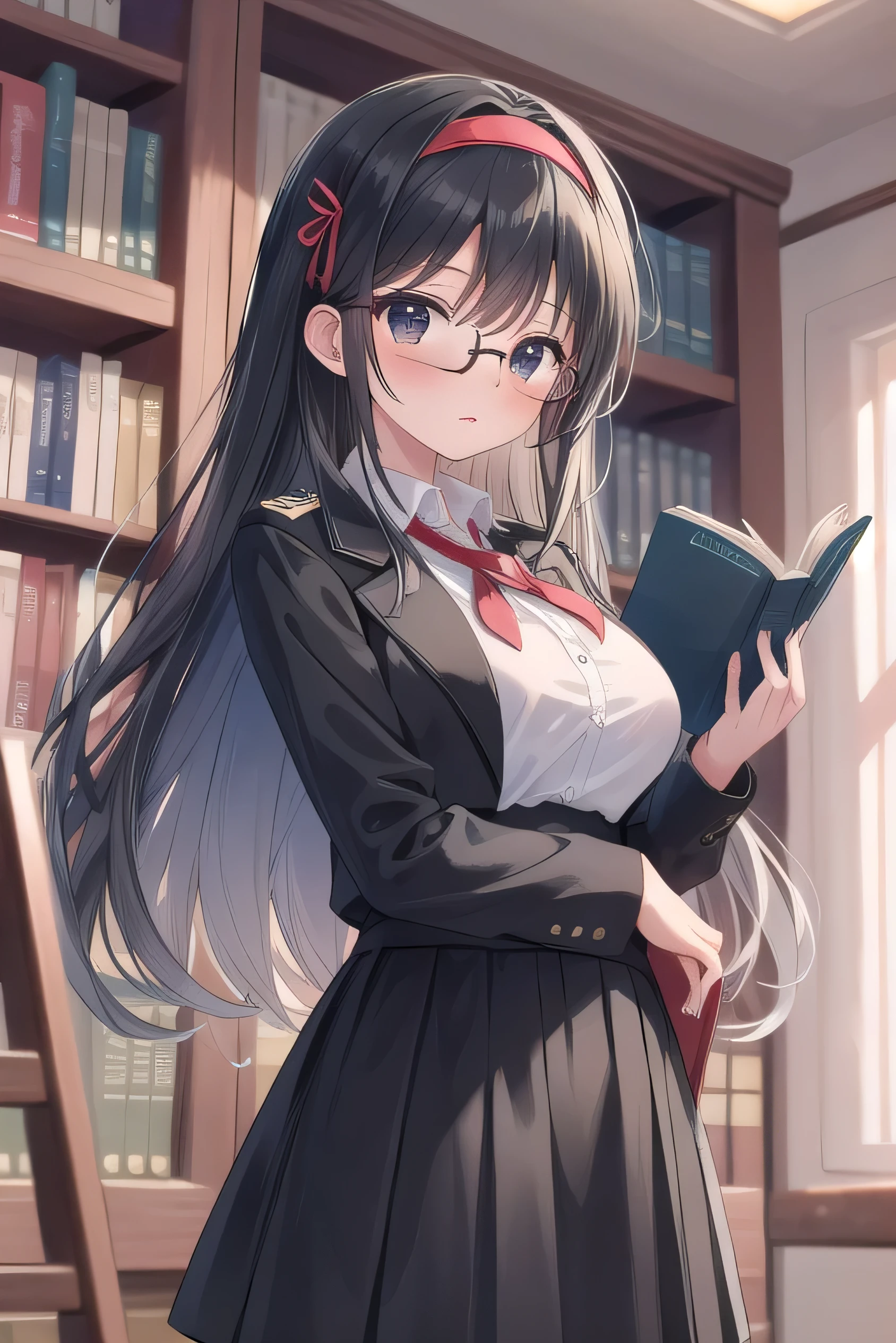 Wears glasses, elementary school student, black hair, black eyes, round, wears , is tall, is in the library, looks kind, has very large breasts, has long hair that reaches her waist, is reading a book, He has black hair but has a slight brownish tint, wears a headband, wears a black uniform, black skirt, white shirt, red tie, and black jacket., triumphant expression,,,,
