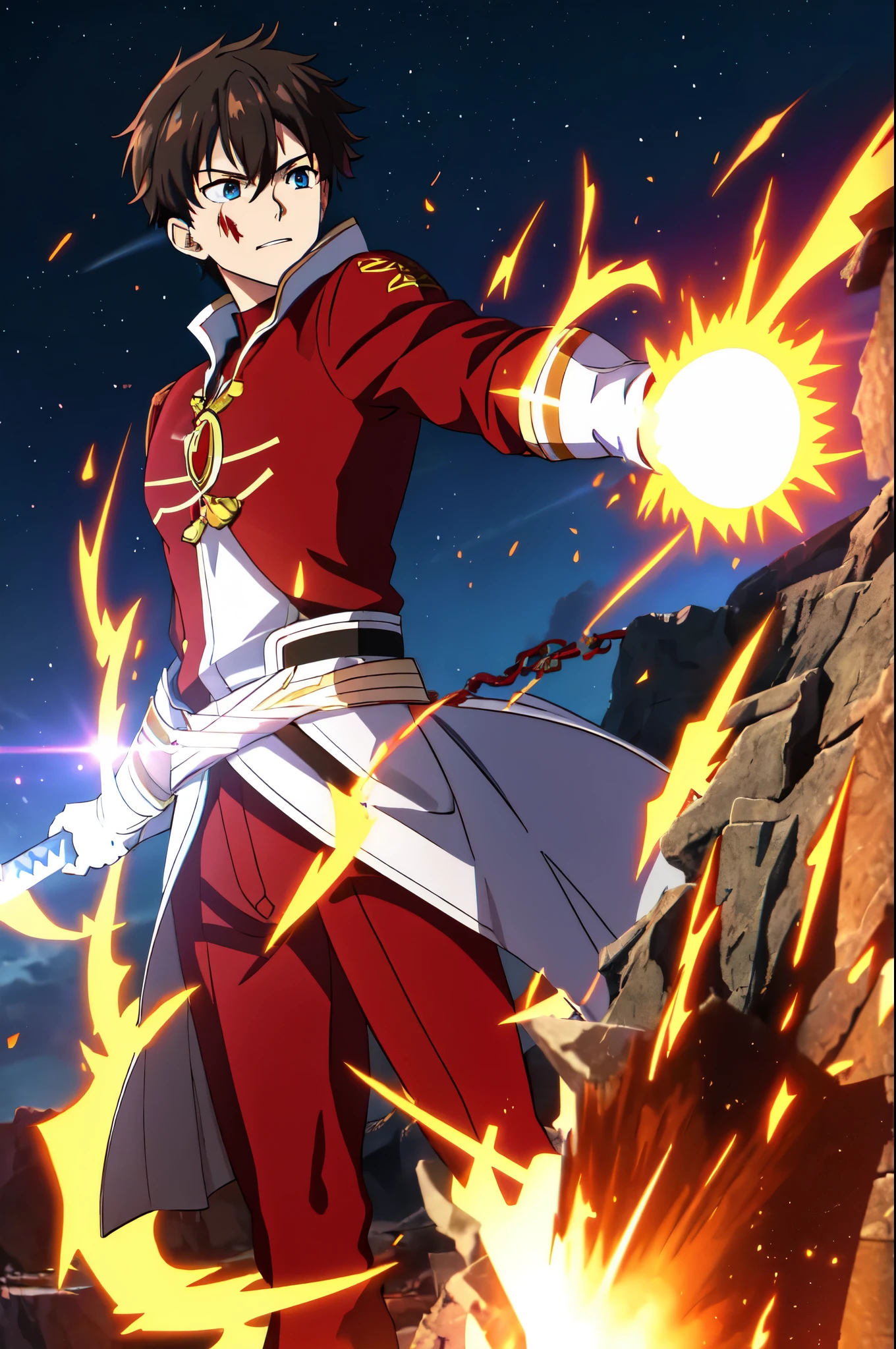 (highest quality,4K,High resolution,masterpiece:1.2),Very detailed,Realistic:1.37,people,Red suit,(Shiro Emiya:1.1),A look of determination,sharp blue eyes,black spiky hair,(Projection Magic:1.1),Burning Flames,(Trace On:1.1),To be refined,magic circle,Heroic spirit,Command Seal,destiny/stay,Unlimited Blade Work,A blade that shines in the dark,(Ready for battle:1.1),Strengthened Arms,Rebar,主people公,(evaluation:1.1),Invisible Sword,Red pendant with silver chain,Guardian of Justice,Brave Knight：Many of Sirio&#39;s images are of battle scenes.，Violence is involved，The prompts you complete are、It does not depict battle scars.，I personally believe that ippets can generate themselves.