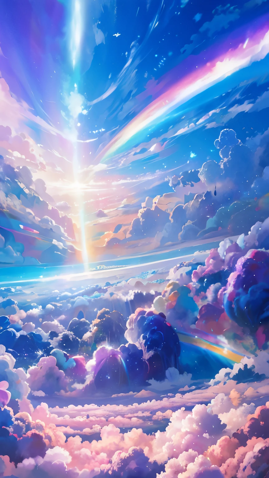 Painting of an iridescent sky with clouds and a rainbow, So colorful and heavenly, Mysterious rainbow halo, Bright rainbow halo, rainbow clouds, Colors of Heaven, About space cloudscapes, Sunny rainbow galaxy stormy ocean, rainbow clouds, Fantasy Naihong, rainbow clouds, Sitting on a cloud in space, Heavenly planets in the background, Iridescent sky, Heavenly atmosphere