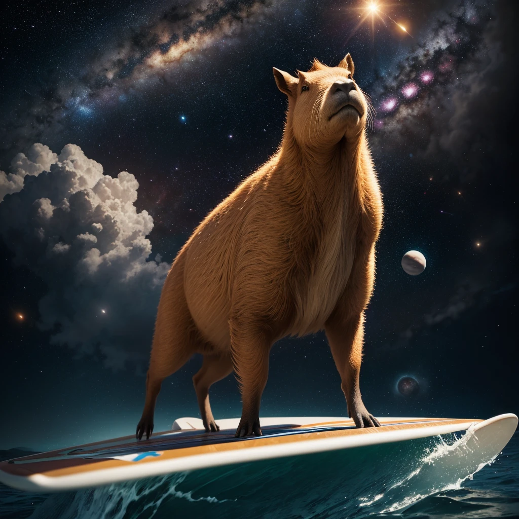 Best quality,masterpiece,ultra-detailed high res,(photorealistic),raw photo,illustration, A Capybara standing on surf board, in the space. backround space, stars and planets. funny, cinematic lighting, special light effects
