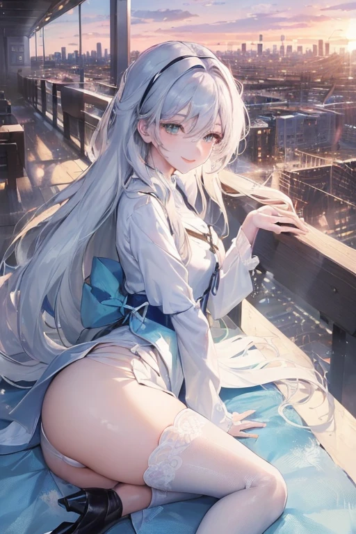official art, masterpiece, Sharp focus, (Beautiful, gorgeous and cute Korean woman:1.3), (beautiful and cute korean:1.3), Korean beauty, Exquisite and beautiful hair、Eyes and face, Practical, Ultra Detailed, beautiful girl, Blue sky, Glowing white particles, (Side Light:1.2), Sunlight, Baiyun, Detailed clouds, slim, Very cute big and big butt, Smile with teeth bared, ((Smile with your eyes, Open your eyes)), landscape, Long and straight hair, Sexy facial expressions, architecture, (city View:1.7), Dynamic Hair, very Long and straight hair, Delicate platinum silver hair, Green eyes, Pink skirt, White socks, Pale skin, Hair accessories, epic landscape,White high heels,Nice butt,Beautiful buttocks,Nothing under the skirt