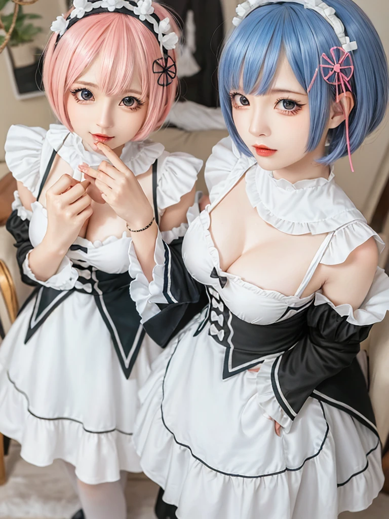 (8K, Photorealistic, Raw photo, of the highest quality: 1.3), (1girl in), Super beautiful, (Realistic face), (boyish, light blue Color Berry Shorthair),(8K, Photorealistic, Raw photo, of the highest quality: 1.3), (1girl in), Super beautiful, (Realistic face), (boyish, pink Color Berry Shorthair), Beautiful , Glare that captivates the viewer, Beautiful expression, Beautiful breasts, (Realistic skin), Be...Create a detailed and colorful image of Ram and Rem from Re:Zero, standing back-to-back in their maid outfits, with a magical fantasy background、14years old, two girls,cute, perfect face, beautiful, nice body, gothic lolita clothes, gothic lolita fashion, frilly skirt, headdress, necklace, bracelet, knee-high socks, boots, double eyelids, tear bags, Detailed down to the fingers, photo-like description, indoors, dim indoor lighting, one girl is pink hair and short bob, another girl is light blue hair and short bob,standing, whole body, composition that shows the whole body, smiling,The Both of them are wearing the same type of maid outfit