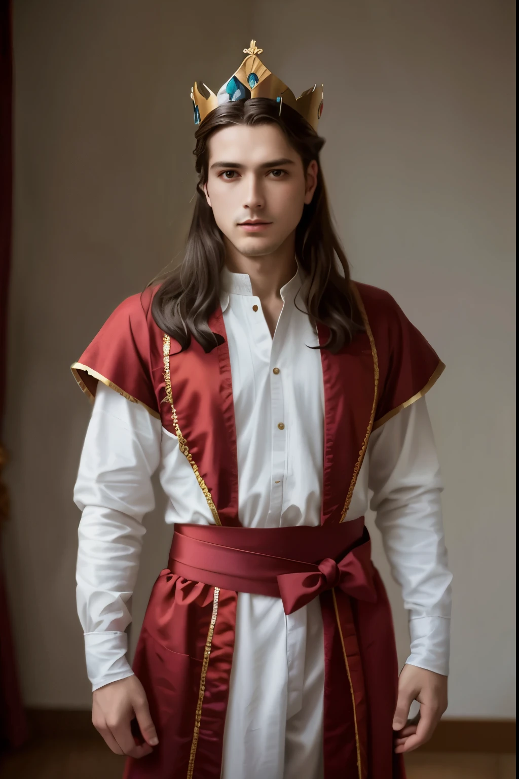 wired man in a red and white robe and a crown, handsome androgynous prince, delicate androgynous prince, inspirado em Roman Bezpalkiv, inspirado por Thomas Tudor, renaissance prince, aristocratic clothes, vestido com roupas medievais, inspirado em Louis Le Nain, inspired by Jean-François de Troy, como um personagem de fantasia medieval, vestes medievais, mostrando frente e as costas