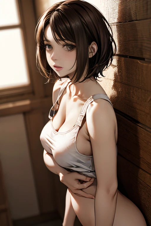 Looking at Viewer, Cinematic lighting, Perfect, softlight, High resolution skin:1.2, Realistic skin texture, body tired from sports、30 years old mature woman、a small face、beautiful-makeup、Makeup light、Shortcut Hair、dark brown hair、Bust B Cup, Amazing Cleavage, thin waist, big ass, Raised sexy, big breast: 1.2 posed cleavage、off shoulders、Sportsbra、legginullnude、cute wall background
