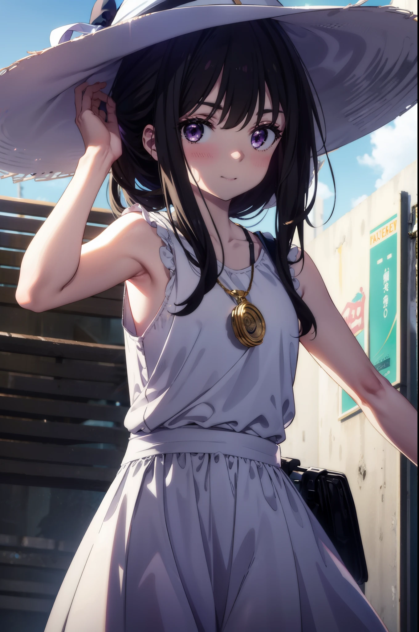 Takiuchi, Inoue Check, Long Hair, bangs, Black Hair, (Purple eyes:1.2),happy smile, smile, Open your mouth,smile,blush,Blue long skirt dress,Sleeveless,Bare arms,Rocket Pendant,Cute Sandals,White Hat,real summer,sunny,As if your whole body is in the illustration,
break outdoors, Coastal Road,
break looking at viewer, (Cowboy Shot:1.5),
break (masterpiece:1.2), highest quality, High resolution, unity 8k wallpaper, (shape:0.8), (Beautiful details:1.6), Highly detailed face, Perfect lighting, Extremely detailed CG, (Perfect hands, Perfect Anatomy),