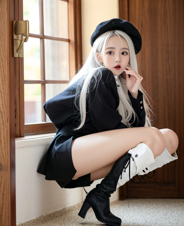 tmasterpiece, Best quality at best, ahoge, Hair over the shoulder, long white hair, blush of nose, Gothic_ta, beret, hand_To_Mouth,thigh boots,Absolute realm,upper legs,thigh boots,full bodyesbian,Correct legs