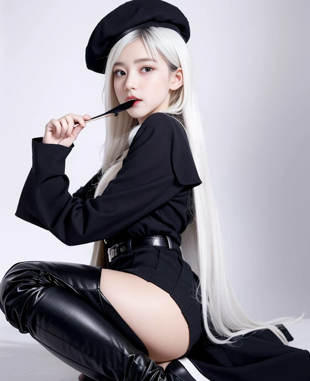 tmasterpiece， Best quality at best， ahoge， Hair over the shoulder， long  white hair，  blush of nose，  Gothic_ta， beret， hand_To_Mouth，thigh boots，Absolute realm，upper legs，thigh boots，full bodyesbian，Correct legs，Short skirt，Nice butt，front